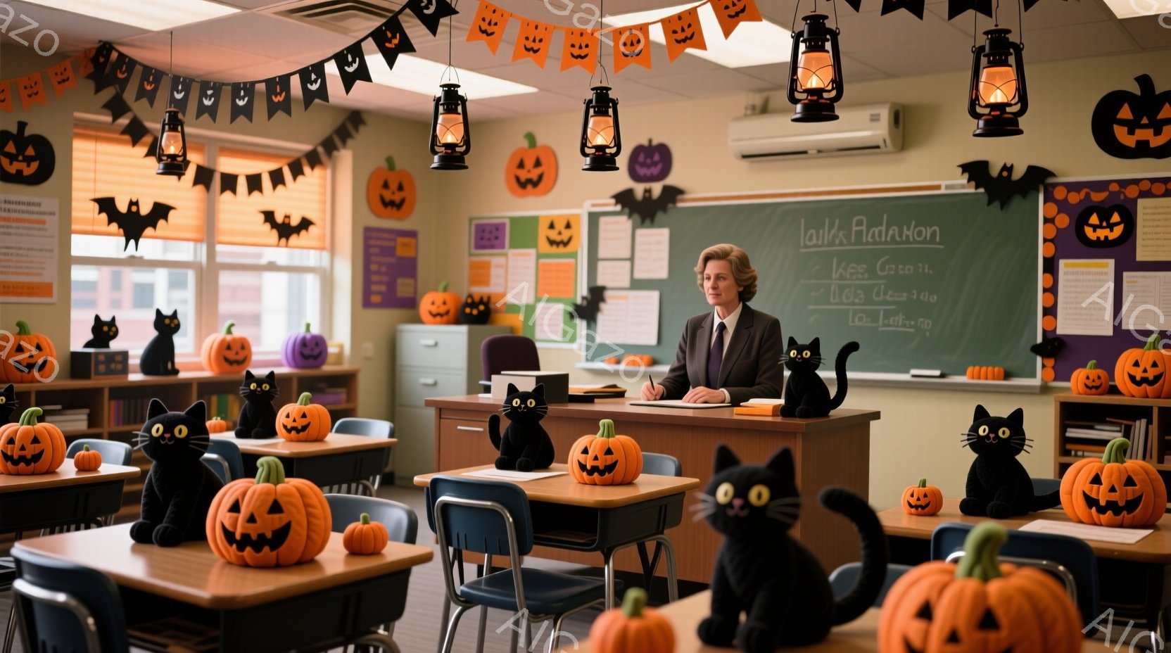 教室にはハロウィーンの飾り付けが至る所に施されており、カボチャやお化け、黒猫のモチーフが目を引きます。女性教師は整った髪型で、真剣な表情で机に向かい、何かを書き込んでいます。教室には生徒の机が並び、それぞれの机の上にもカボチャが置かれており、ハロウィーンの楽しい雰囲気を演出しています。
