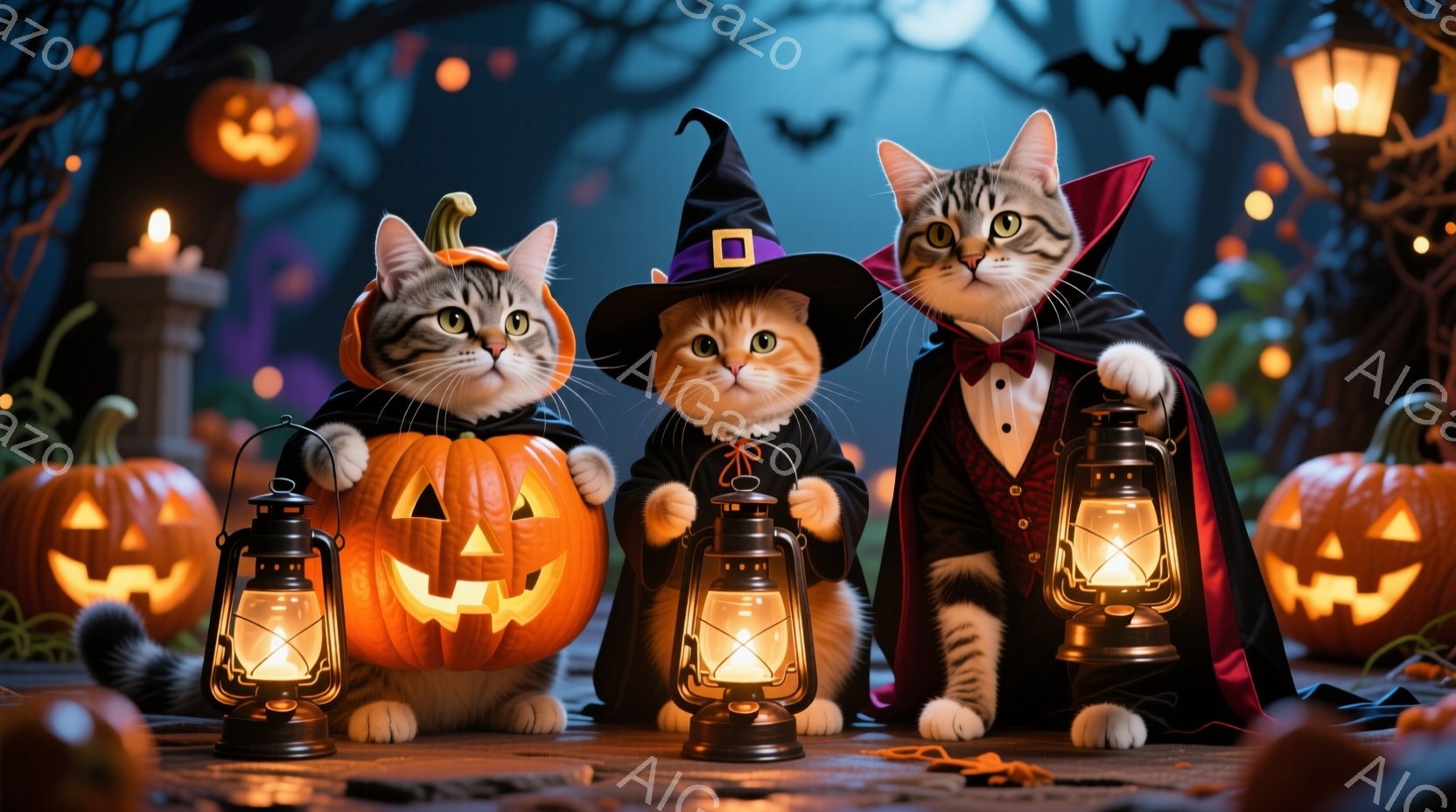 三匹の猫がハロウィーンの衣装を着て並んでいます。左の猫はジャック・オ・ランタンの衣装を着ており、中央の猫は魔女の帽子をかぶって黒いコートを着ています。右の猫は、黒いタキシードと赤いマントを身に着けており、それぞれ手にランタンを持って、暗い夜の背景に浮かび上がるカボチャや不気味な木々、月明かりの下で神秘的な雰囲気を醸し出しています。
