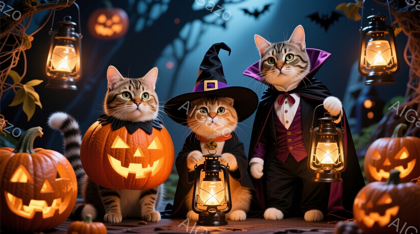 3匹の猫がハロウィーンの飾り付けと共に写っており、それぞれ異なる衣装を着ています。左の猫はカボチャの背景に身を寄せ、黒い襟を付けています。中央の猫は魔女帽子をかぶり、ランタンを持ち、右の猫は吸血鬼風の - AI生成フリー素材