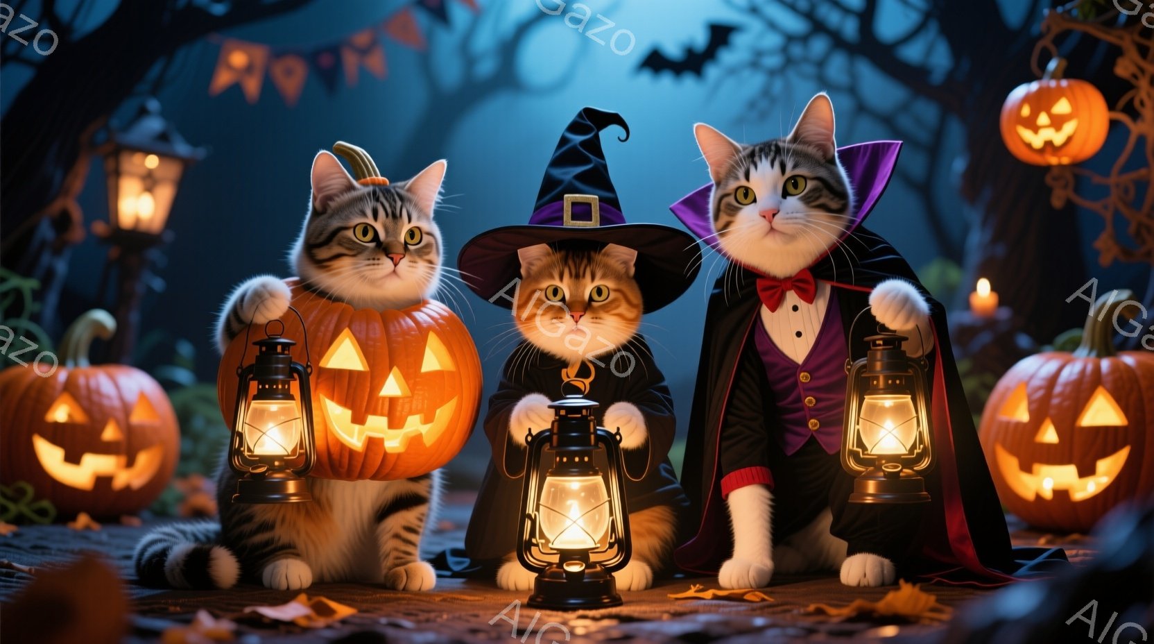 三匹の猫がハロウィーンの装いで佇んでいます。中央の猫は魔女帽子を被り、左右の猫はそれぞれケープと蝶ネクタイを付けています。背景にはジャック・オ・ランタンや街灯が灯り、落ち葉が散らばる暗い森が広がっており、ハロウィーンの神秘的な雰囲気を醸し出しています。