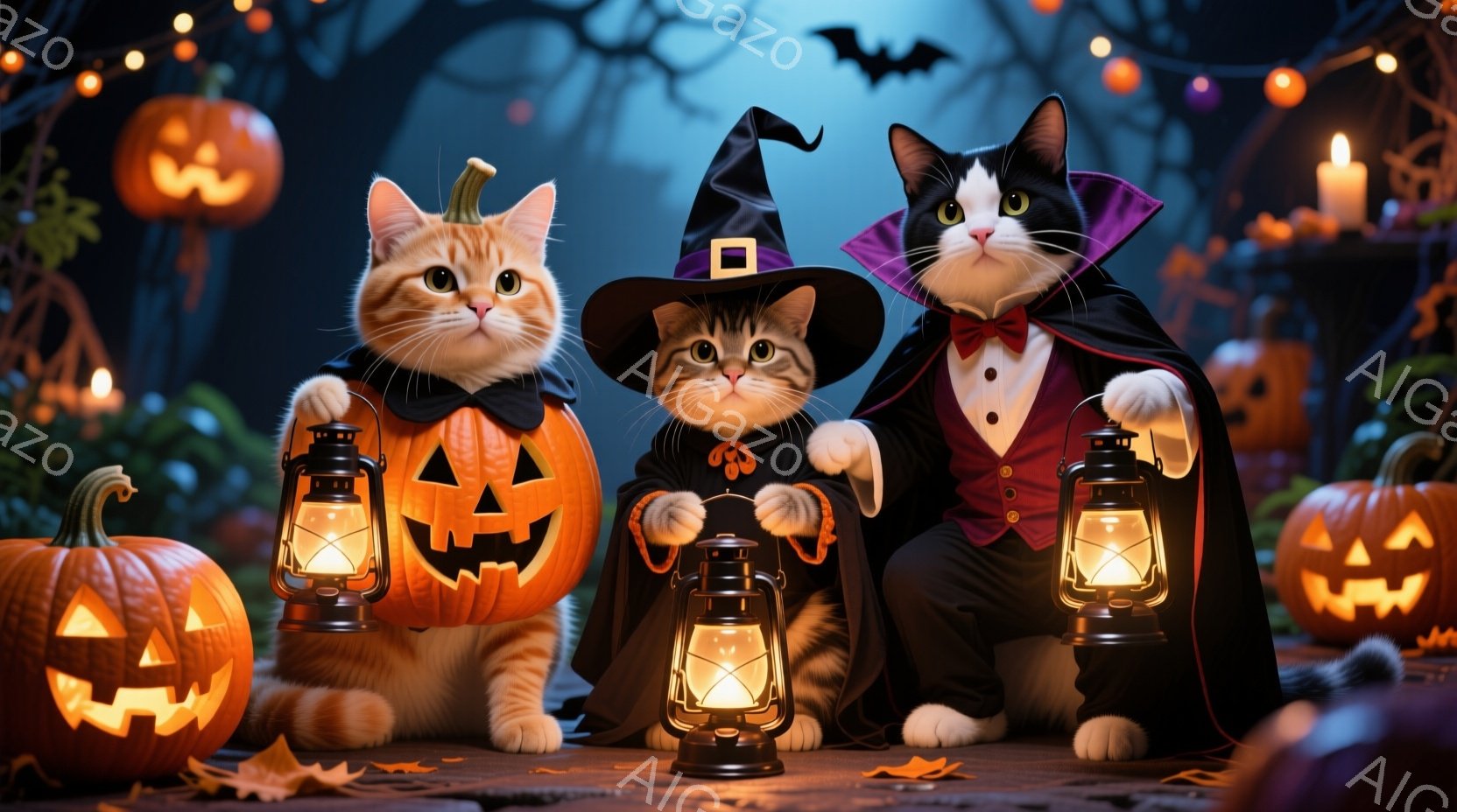 三匹の猫がハロウィーンの衣装を着て、提灯を持って並んでいます。オレンジ色の猫はカボチャの衣装を着て、黒い帽子を被った子猫と、黒いケープと赤い蝶ネクタイを着た白い猫がいます。背景には、明るく照らされたカ - AI生成フリー素材