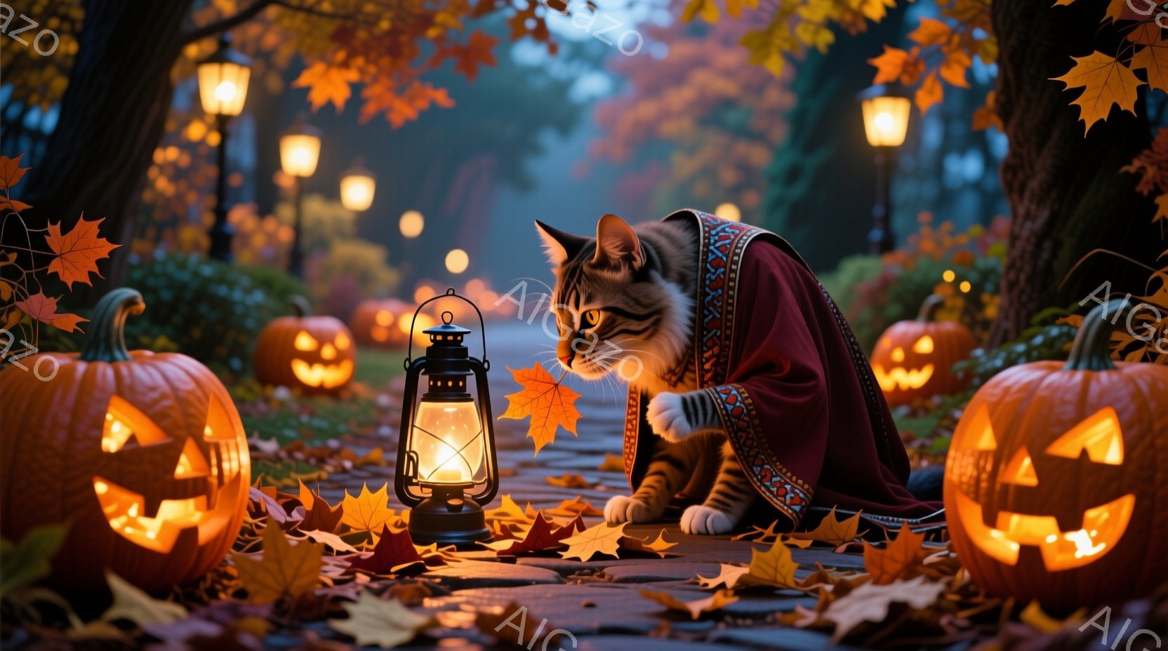 オレンジ色に輝くハロウィーンのランタンとジャックオーランタンが並ぶ石畳の道に、マントを羽織った猫がひざまずき、前足を伸ばして何かを見つめている。背景にはぼやけた木々と、暖色系の光を放つ街灯が並び、落ち - AI生成フリー素材