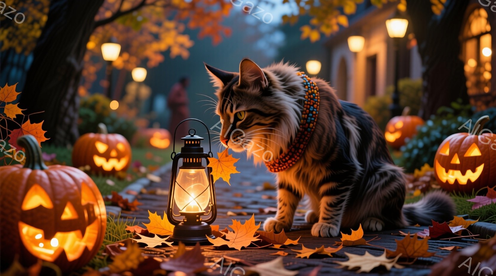 長い毛並みの茶トラ猫が、落ち葉が散らばる石畳の道に座り、前方に何かを見つめています。周囲にはジャック・オ・ランタンが置かれ、遠景にはぼんやりと家々と街灯が見え、ハロウィーンの夜の静かな雰囲気を醸し出し - AI生成フリー素材