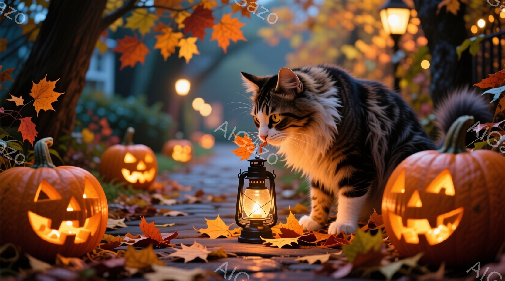 鮮やかなオレンジ色のジャック・オ・ランタンが並んだ、落ち葉が散る石畳の道に、縞模様の猫がいます。猫は鼻先で落ち葉を軽く触れ、好奇心旺盛な表情で周囲を伺っています。背景にはぼんやりとした街灯と木々が見え - AI生成フリー素材