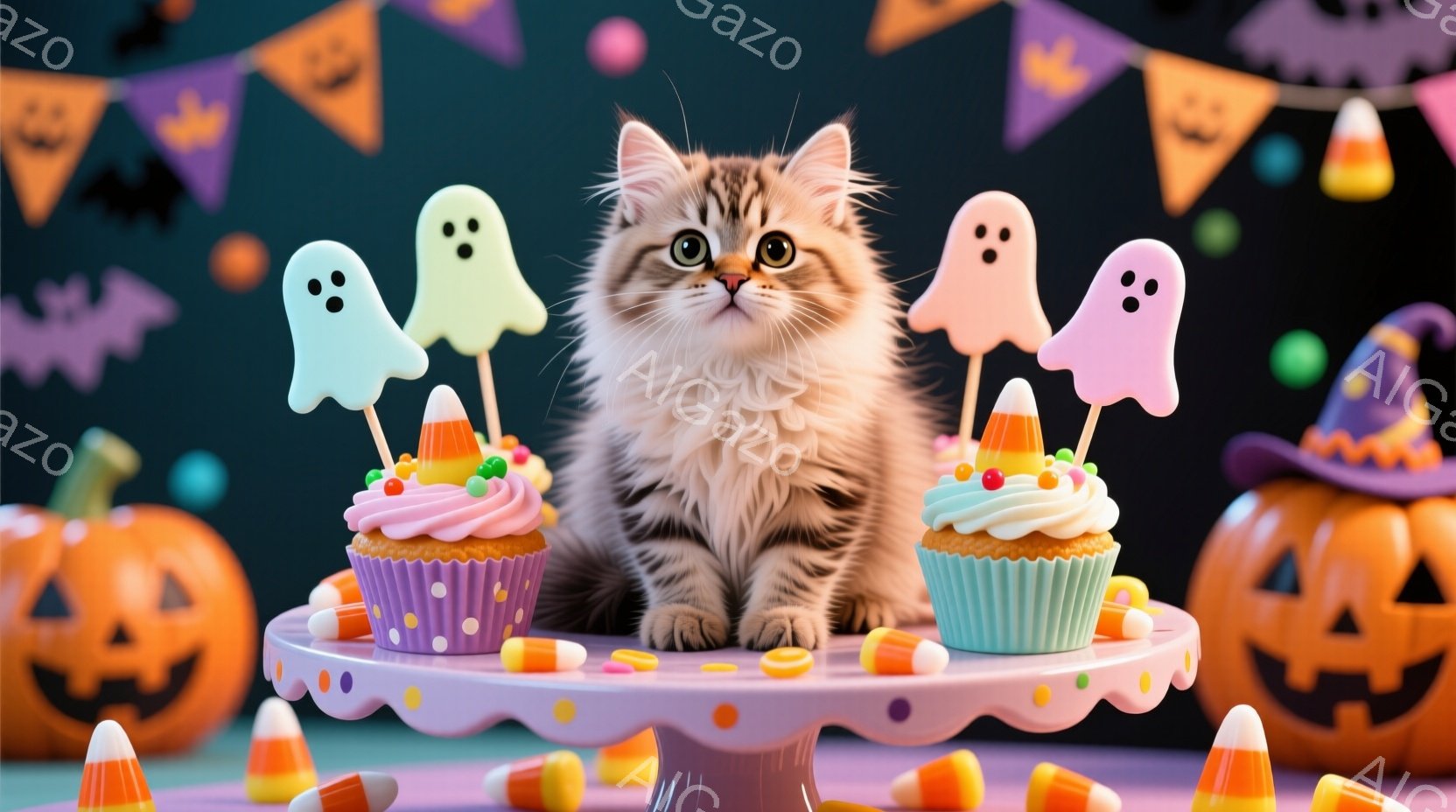 縞模様の小さな子猫が、ピンク色のケーキスタンドの上に座っています。ケーキスタンドの上には、クリームとカラフルなスプリンクルが飾られたカップケーキが置かれ、周りにはハロウィンのお菓子や、お化けの飾り、ジ - AI生成フリー素材