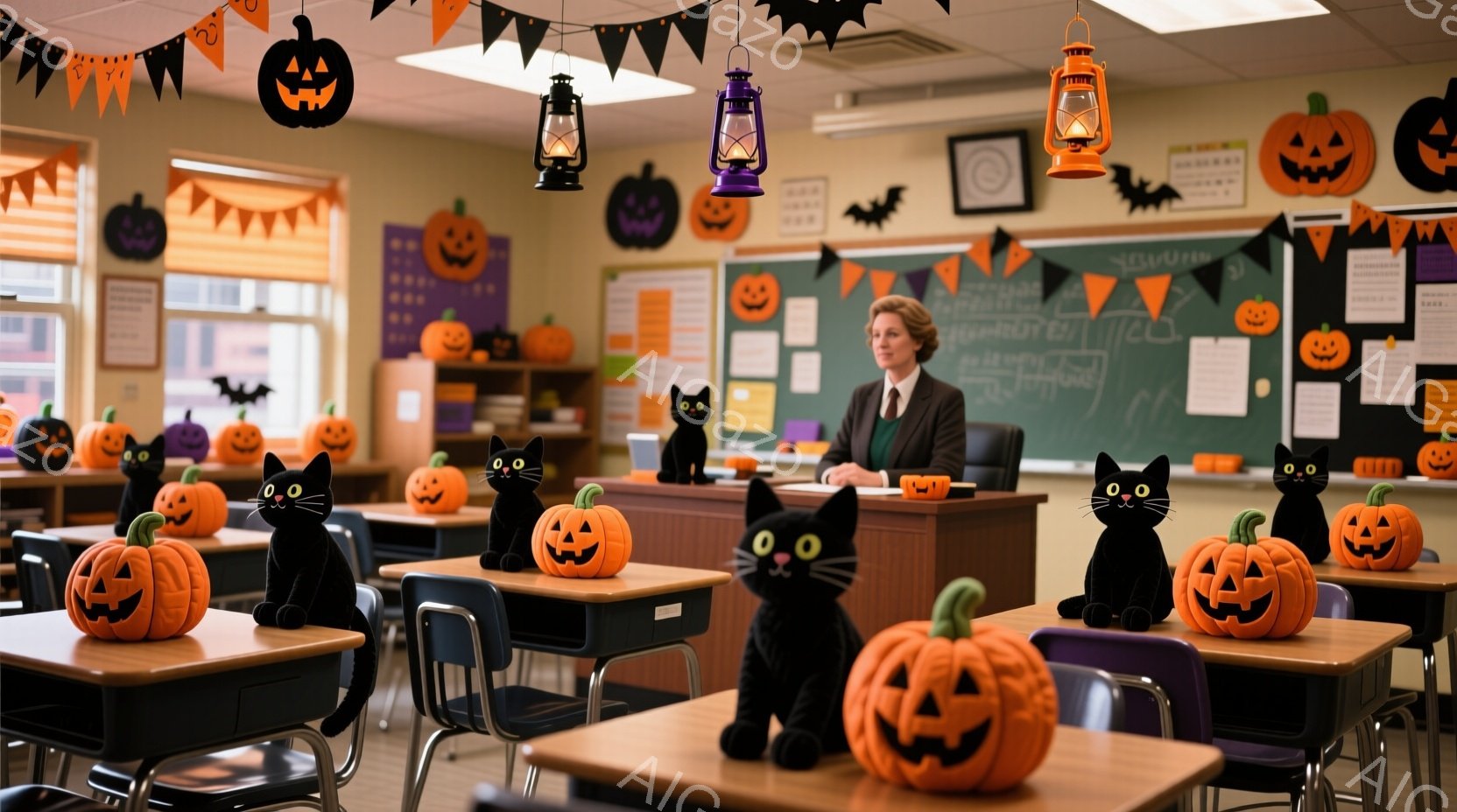 ハロウィーンの飾り付けで賑わう教室で、女性教師が前に立って何かを説明しているようだ。彼女はダークブラウンの髪をまとめており、落ち着いた表情でフォーマルな服装をしている。教室には、机の上にジャック・オ・ランタンと黒猫のぬいぐるみ、そして天井にはカボチャのガーランドが飾られ、温かくお祝いムードに満ちている。