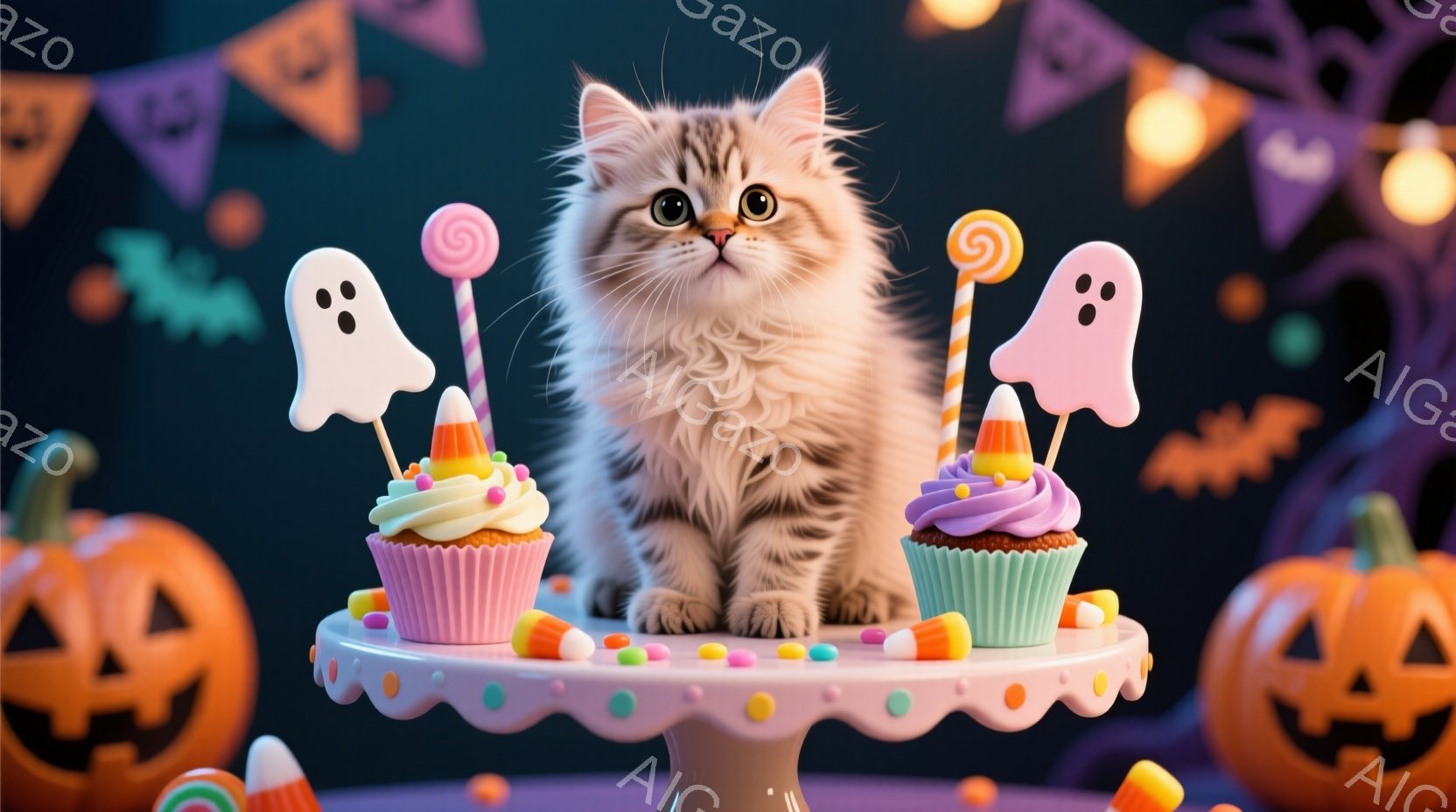 縞模様の小さな子猫が、ハロウィーンをテーマにしたケーキスタンドの上に座っています。ケーキスタンドには、お化けの飾りとキャンディコーンが飾られたカップケーキが置かれ、周囲にはパンプキンとハロウィーンの飾 - AI生成フリー素材