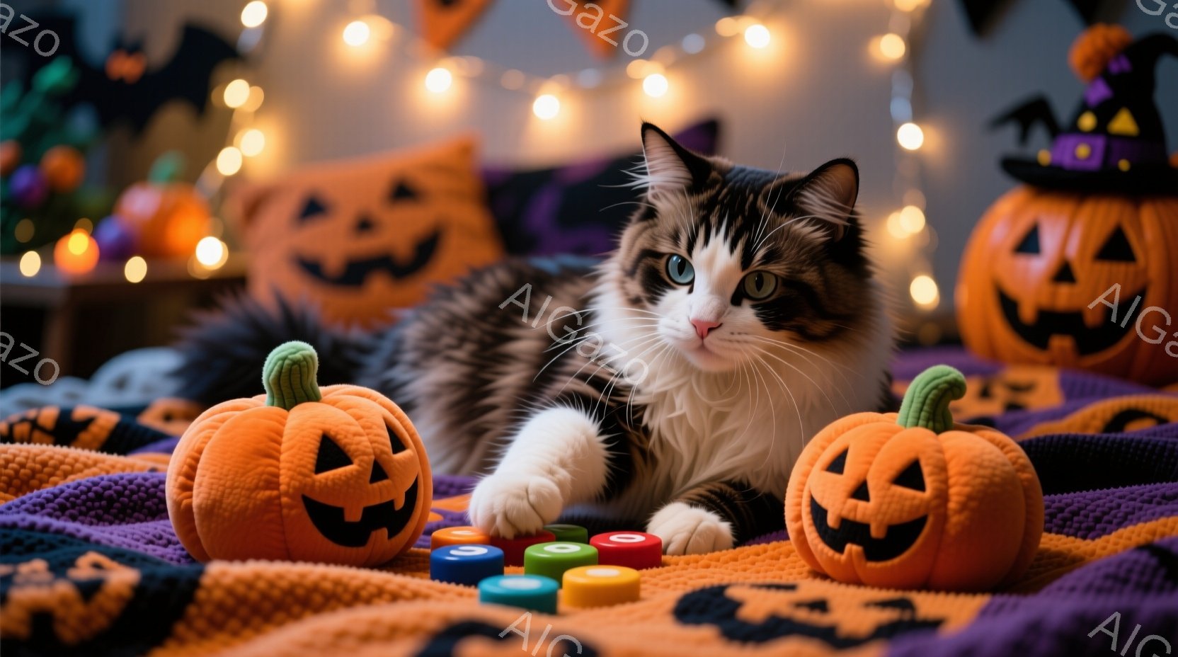 白と黒の模様の猫が、ハロウィーンをテーマにした毛布の上に横たわっています。オレンジ色のジャック・オ・ランタンの縫いぐるみが猫の左右に置かれ、カラフルな円盤が猫の足元に散らばっています。背景には、さまざ - AI生成フリー素材