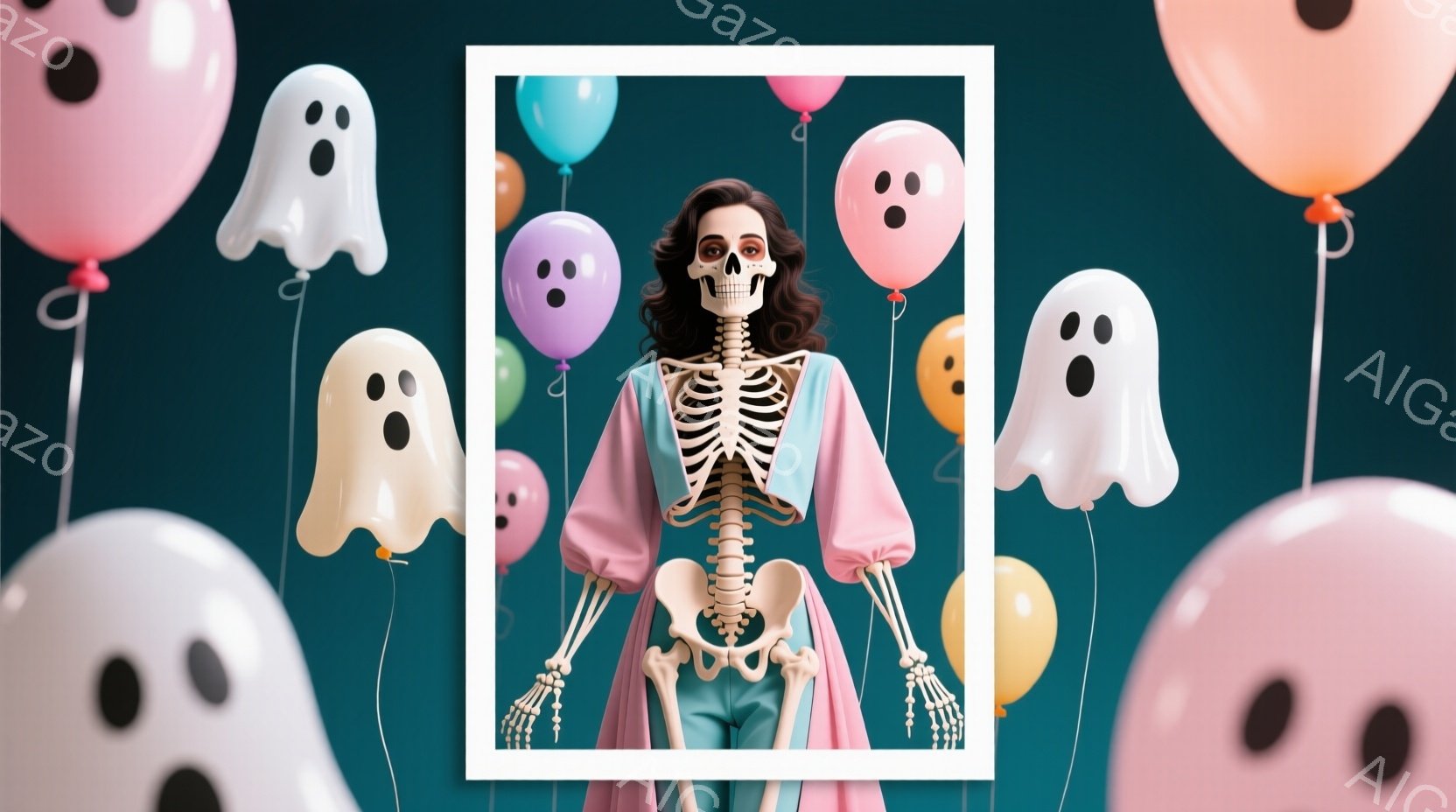 骸骨の人物が、ピンクと水色の対照的な色の服を着て立っています。髪はカールし、顔はメイクで強調され、ハロウィーン風の装いをしています。背景には、さまざまな色の風船と幽霊の形をしたものが散りばめられ、お祭りやパーティーのような陽気な雰囲気を醸し出しています。
