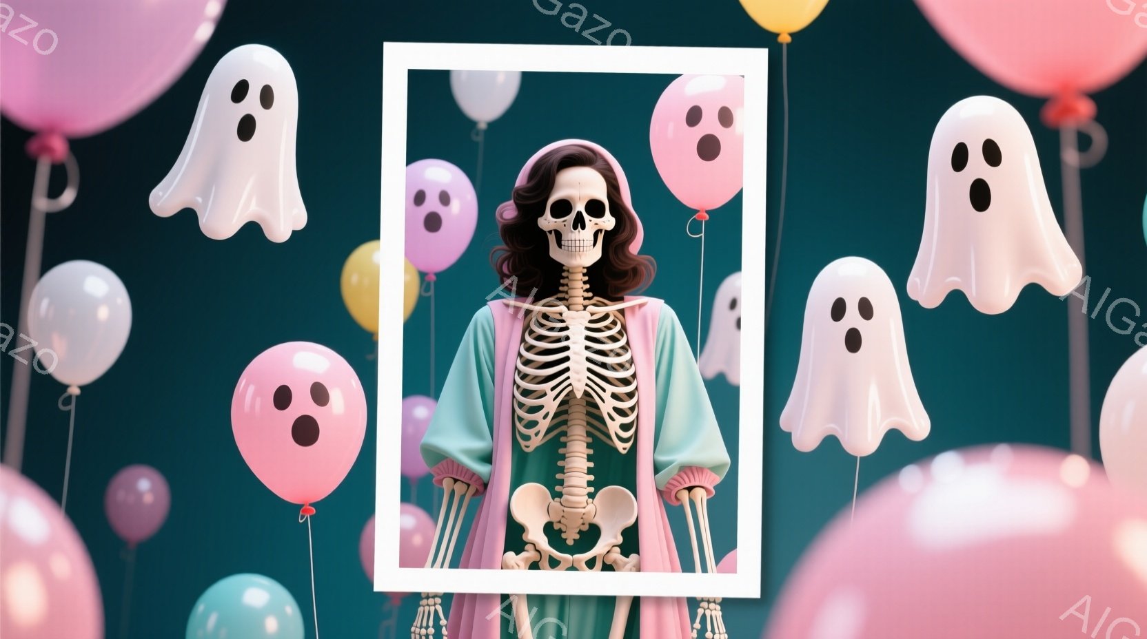 ピンク色の風船と幽霊に囲まれた、骸骨の姿をした人物が描かれています。緑色のドレスのような衣装を身につけ、肩には赤いショールがかけられています。その表情はどこか寂しげで、全体的に幻想的で少し物悲しい雰囲気を醸し出しています。