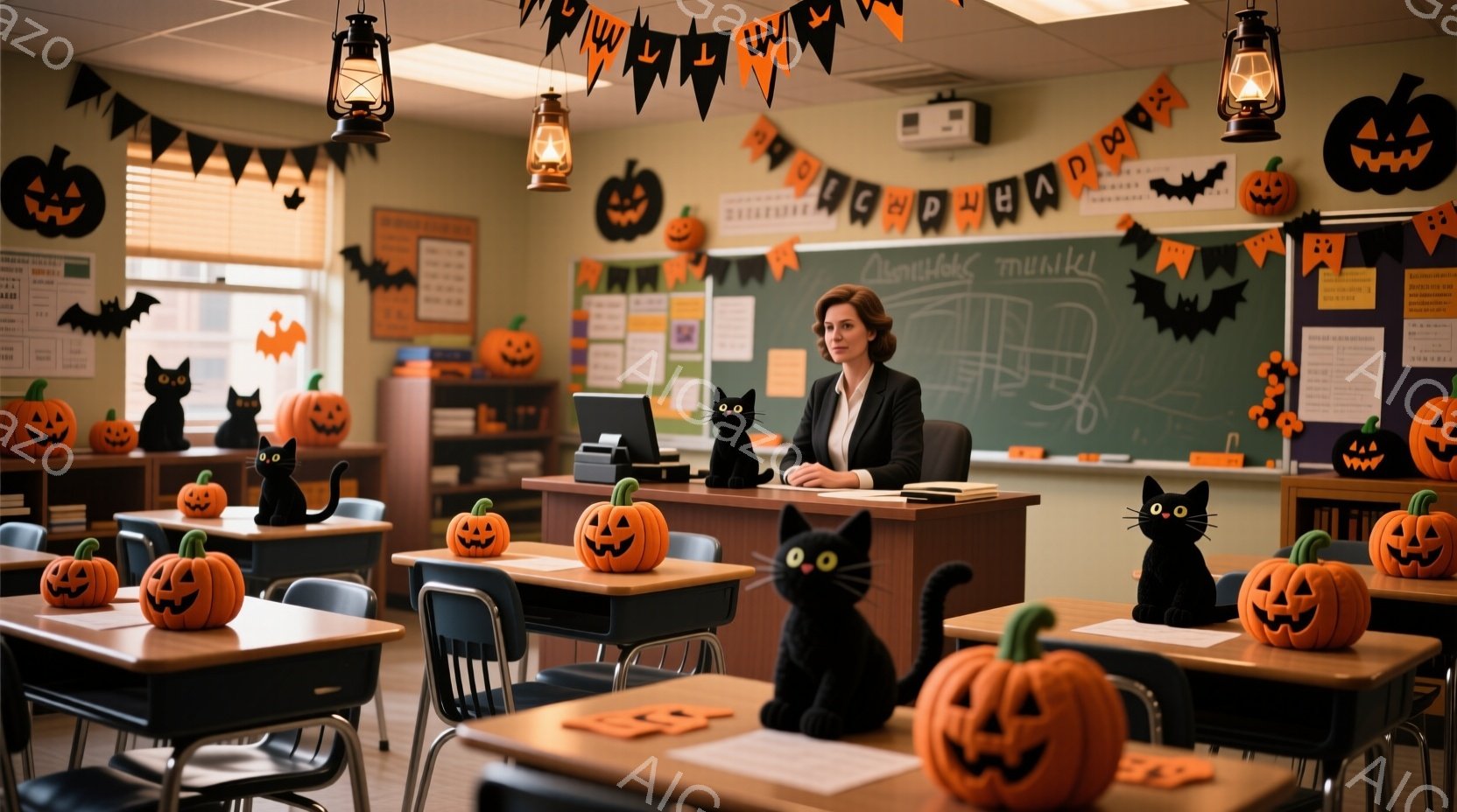 ハロウィーンの飾り付けがされた教室に女性教師が座っています。彼女は黒いジャケットと白いシャツを着ており、髪は後ろにまとめられています。教室にはカボチャと黒猫のおもちゃが置かれ、ハロウィーンらしい陽気で少し不気味な雰囲気が漂っています。