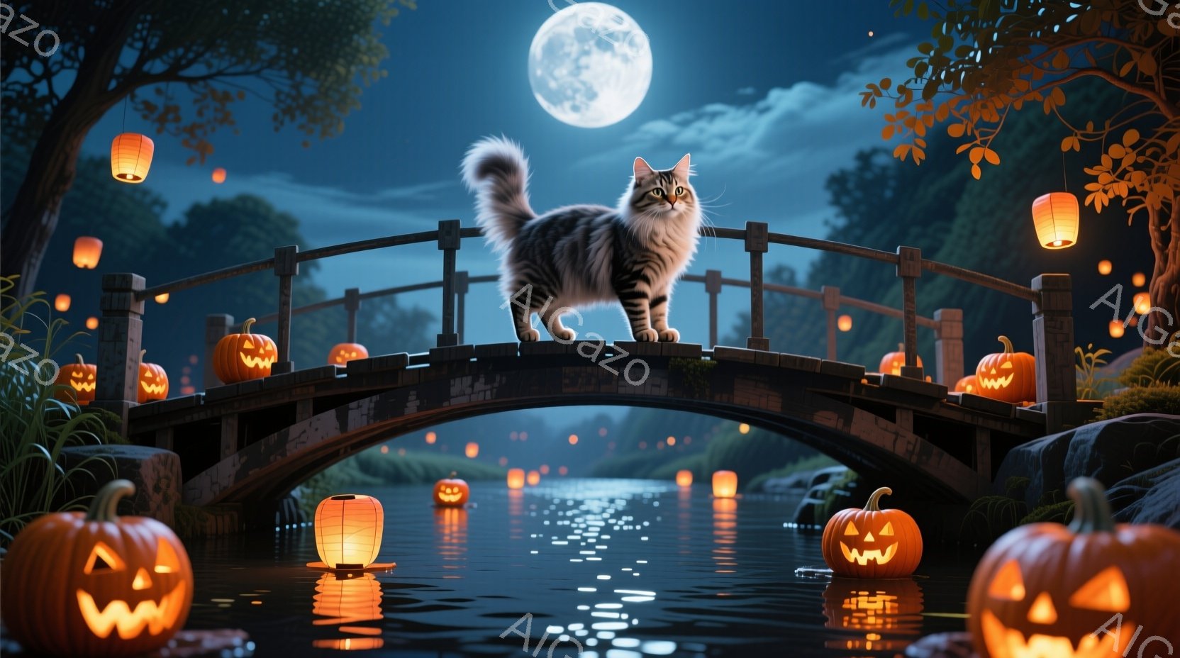満月が輝く夜、石橋の上を灰色の縞模様の猫が堂々と歩いている。橋の周りや水面には、様々な大きさのジャック・オー・ランタンが並び、温かい光を放っている。背景は暗い木々で覆われ、ハロウィーンの幻想的で静かな - AI生成フリー素材