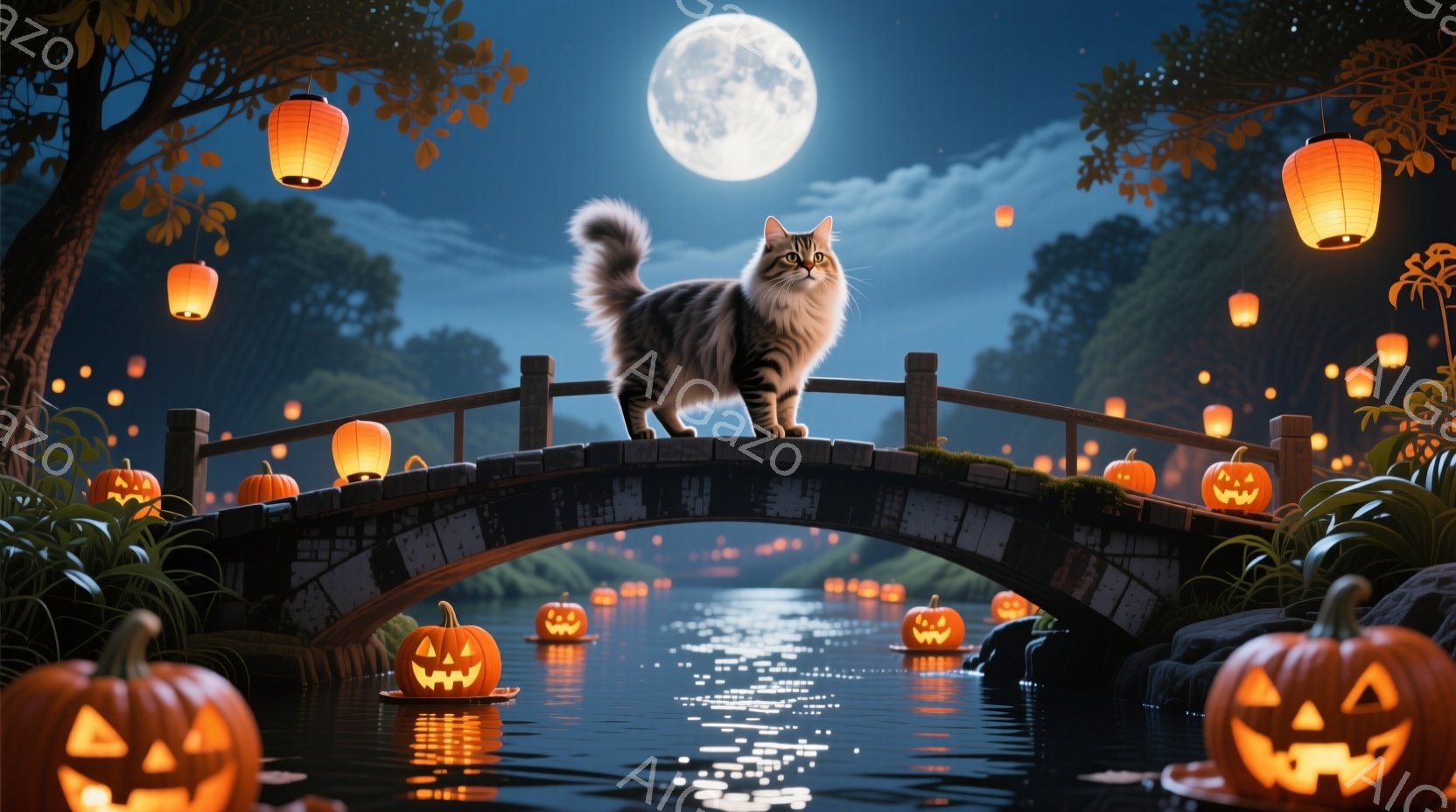 白と灰色の縞模様の猫が、多くのジャック・オー・ランタンとオレンジ色の提灯で飾られた古い石橋の上に堂々と立っている。背景には暗い水面、緑豊かな木々、そして満月が輝き、ハロウィーンの夜の幻想的で神秘的な雰 - AI生成フリー素材