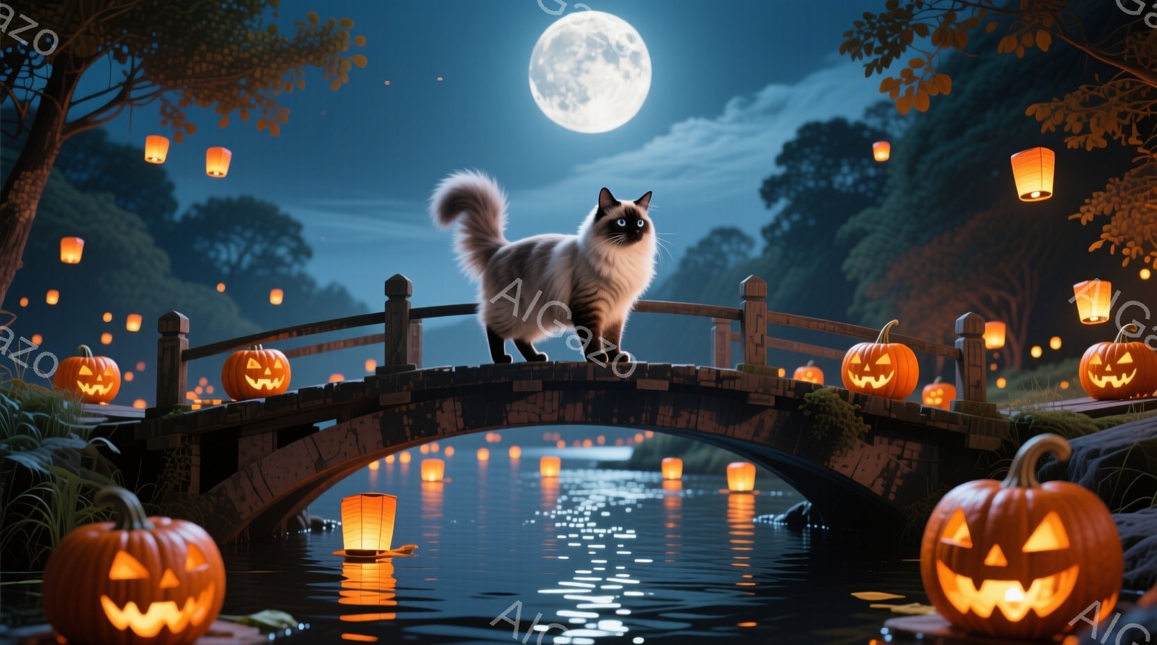 満月の夜、石造りの橋の上に毛並みの美しい白と灰色の猫が堂々と立っている。橋の上や水面には、ハロウィーンのランタンや彫刻されたカボチャが配置され、幻想的な雰囲気を醸し出している。背景には暗い木々と水面が - AI生成フリー素材