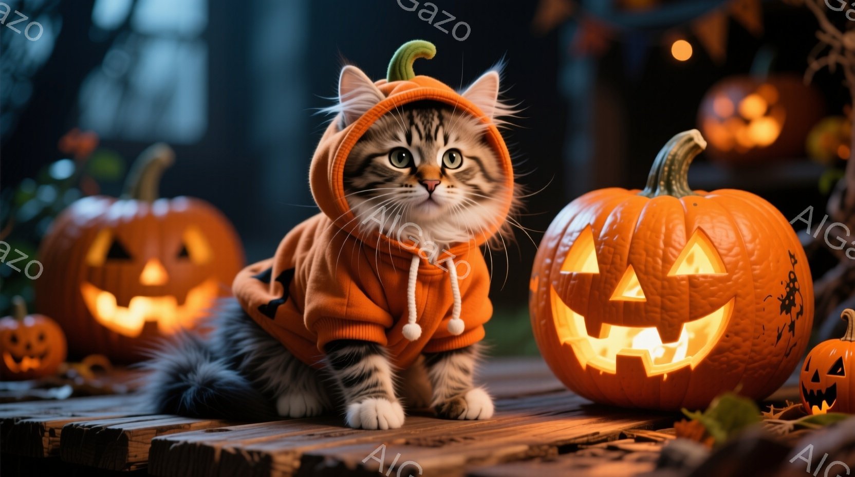 白とグレーの毛並みを持つ子猫が、オレンジ色のカボチャの衣装を着て、木製の台の上に座っています。その表情は好奇心に満ちており、正面を見つめています。背景には、様々な大きさのジャック・オ・ランタンが配置さ - AI生成フリー素材