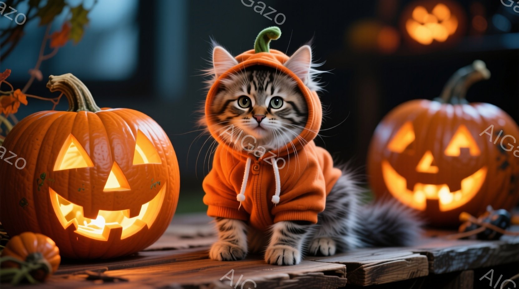 小さなキジトラ猫がオレンジ色のパーカーを着て、木製のテーブルの上に座っています。猫は前足を伸ばし、正面を見て少し微笑んでいるように見え、その周りにはジャック・オー・ランタンが配置されています。背景は暗 - AI生成フリー素材