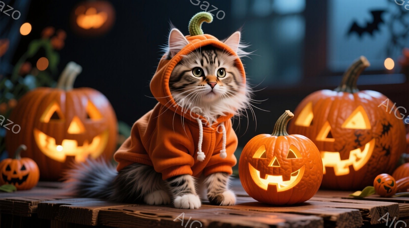 白と茶色の縞模様の猫が、ハロウィーンカボチャを模したオレンジ色のパーカーを着て、木の板の上に座っています。 猫は前足を伸ばし、少し上目遣いでカメラを見ており、その表情は可愛らしく、無邪気です。 背景に - AI生成フリー素材