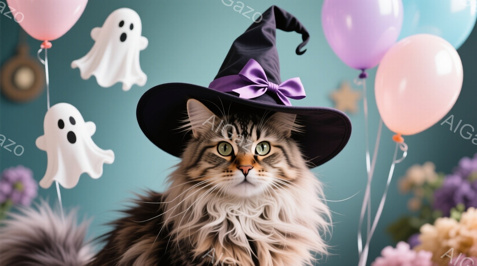 長毛の猫がハロウィーンの魔女帽子をかぶり、カメラを見つめています。猫は茶色とクリーム色の毛並みで、緑色の目が印象的です。背景には、ハロウィーンの飾り付けである幽霊の形をした飾りや風船、花が配置され、お祝いの雰囲気を醸し出しています。