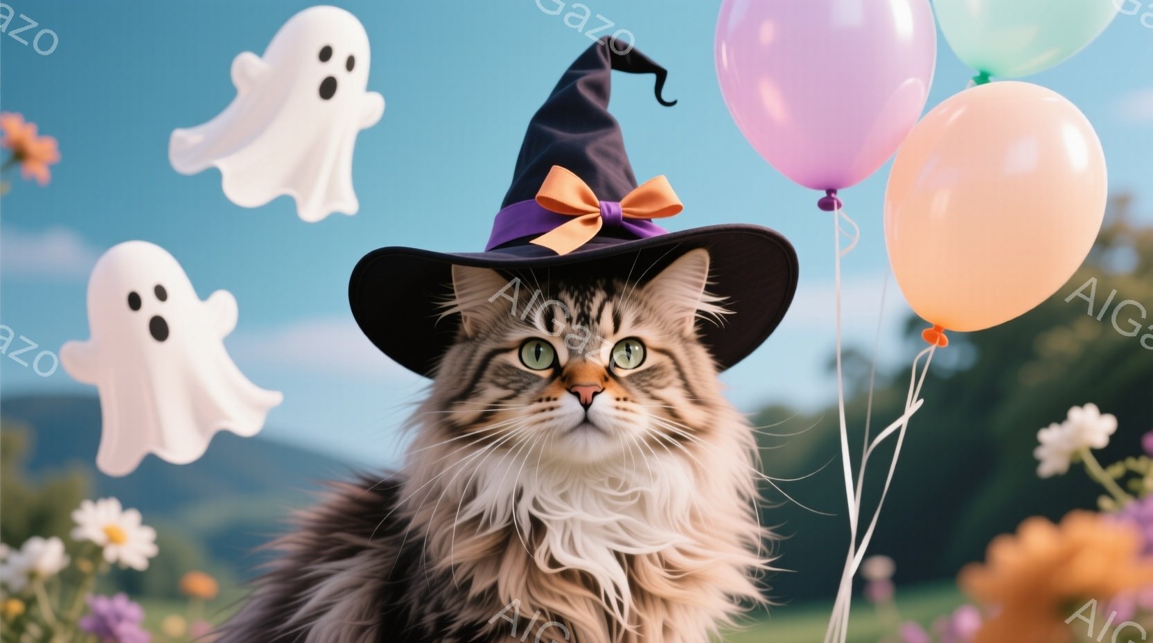 ふわふわの茶色い毛並みの猫が、ハロウィーン用の黒い帽子とオレンジ色のリボンをつけてこちらを見ています。背景には、白い幽霊の形をした飾りと、ピンクやオレンジ色の風船、そして緑豊かな草花が生い茂る自然が見 - AI生成フリー素材