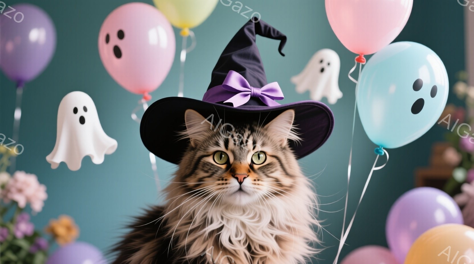 長毛の猫がハロウィーンの帽子をかぶって正面を見つめている。帽子は黒色で紫のリボンがついており、猫の緑色の瞳が印象的だ。背景にはパステルカラーの風船や幽霊の飾りがあり、ハロウィーンの楽しい雰囲気を演出し - AI生成フリー素材