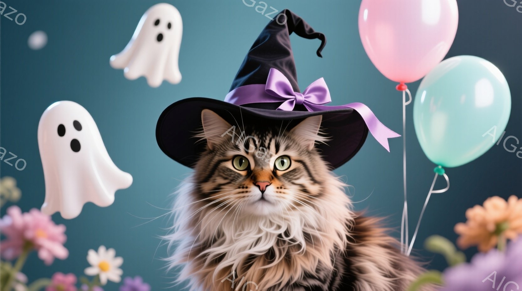 長毛の猫がハロウィーン風の帽子をかぶり、正面を見つめている。背景には、パステルカラーの風船と可愛らしい幽霊の姿が見え、全体的に明るく楽しい雰囲気が漂っている。花々が猫の周りに配置されており、ハロウィー - AI生成フリー素材
