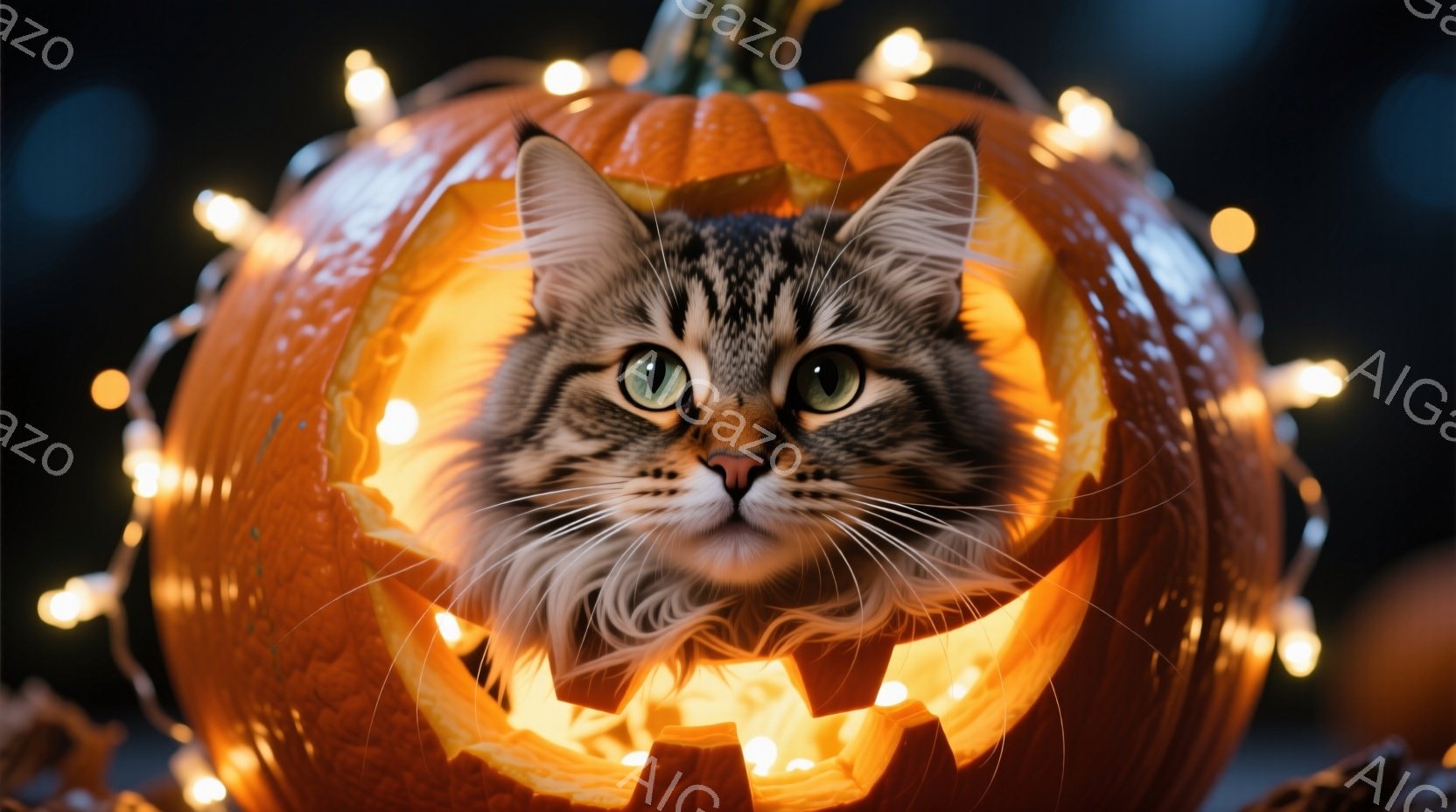 縞模様の猫が、ハロウィーンのくり抜かれたカボチャの中に入り、正面を見つめています。猫は長いひげと鋭い緑色の目をしており、カボチャの内側からオレンジ色の光が猫の毛並みを照らしています。背景にはぼやけた光 - AI生成フリー素材