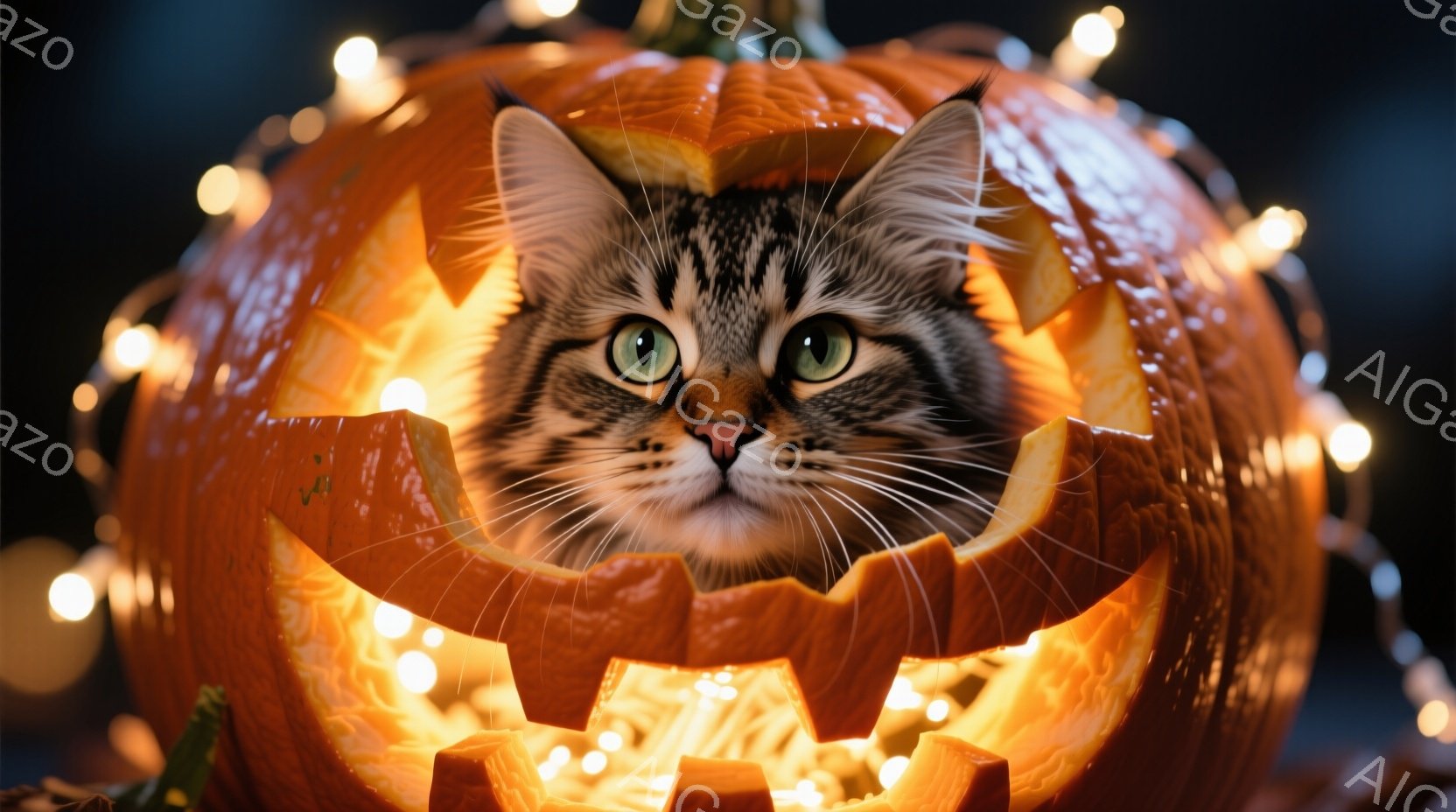 縞模様の猫が、ジャック・オー・ランタンに彫られた顔の穴から顔を出しています。猫は緑色の目を持ち、少し驚いたような表情をしています。背景にはぼやけた光のストリングがあり、ハロウィーンの温かく楽しい雰囲気 - AI生成フリー素材
