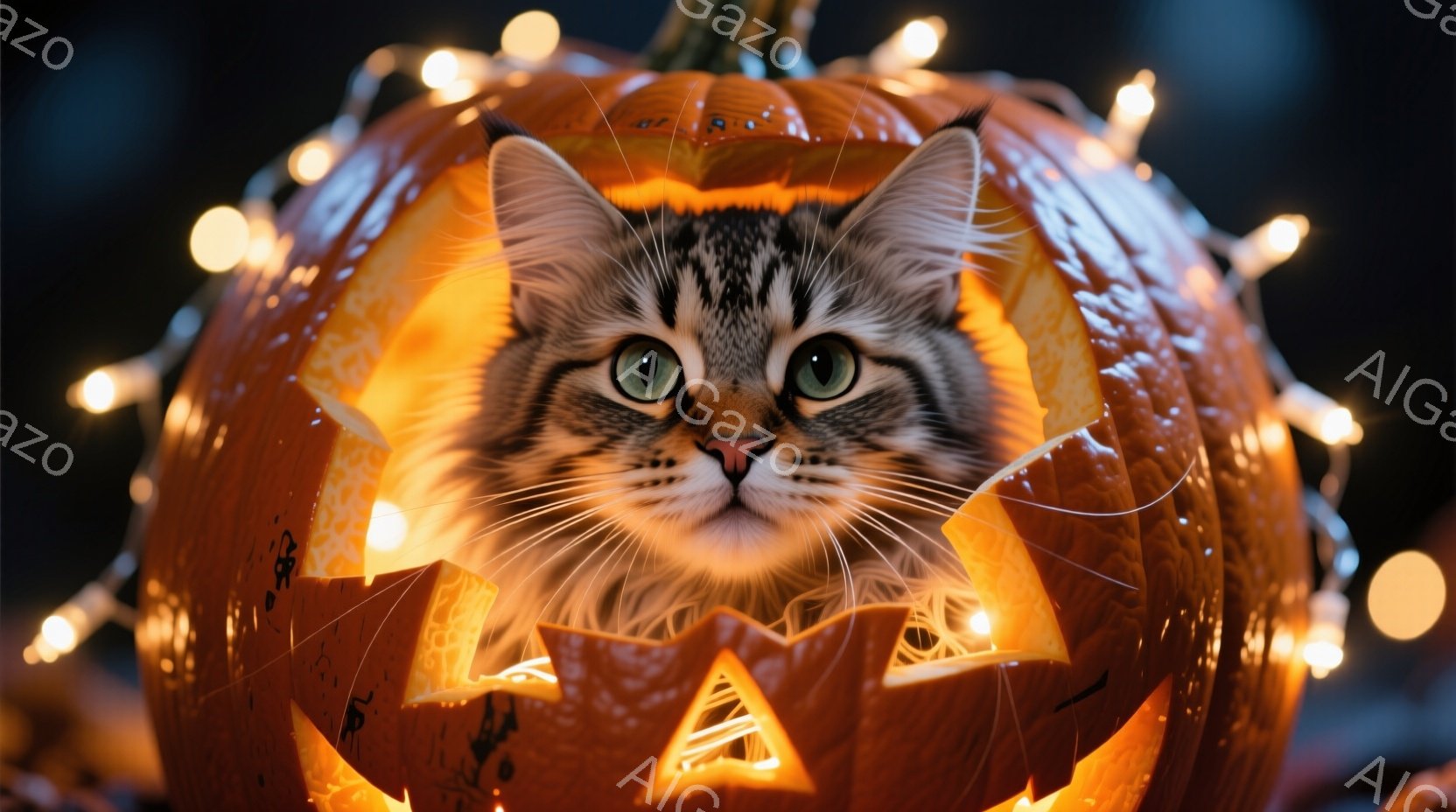 縞模様の猫が、ハロウィン用にくり抜かれたカボチャの中に顔を覗かせています。猫は緑色の瞳でカメラを見つめ、少し困ったような表情を浮かべています。背景にはぼやけた光のイルミネーションがあり、暖かく幻想的な - AI生成フリー素材