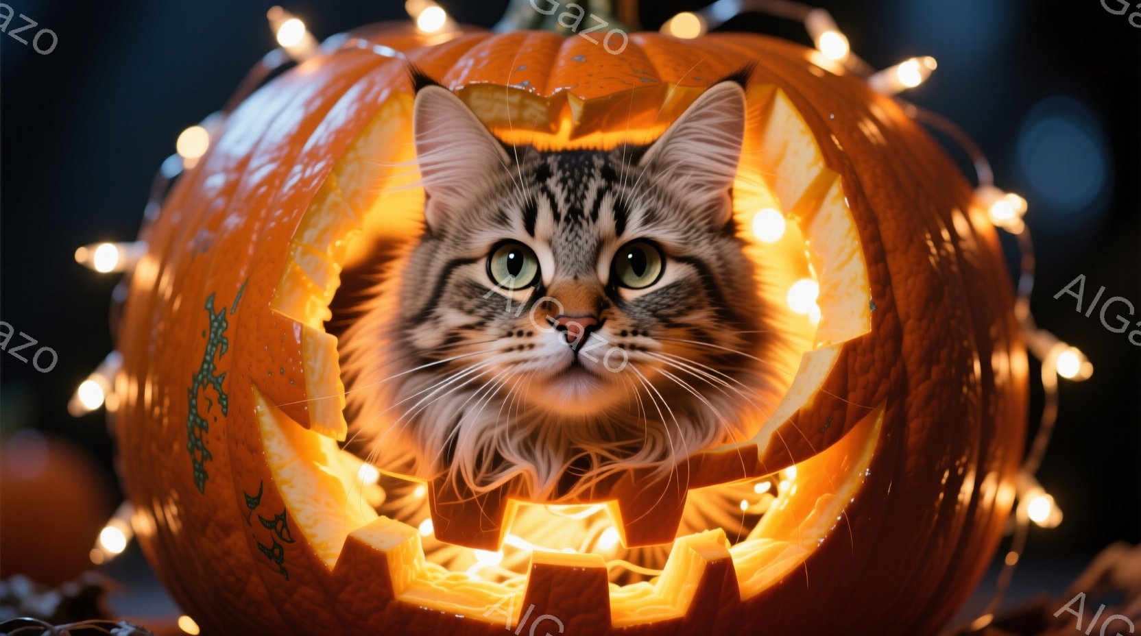 縞模様の猫が、くり抜かれたハロウィーンのジャック・オー・ランタンから顔を出しています。猫は正面をまっすぐ見ており、その表情は少し驚いたようにも、好奇心旺盛にも見えます。背景には、暖色系のライトが飾られ - AI生成フリー素材