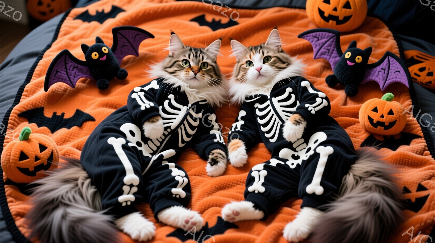 白と茶色の縞模様の猫二匹が、ハロウィーンをテーマにした衣装を着て並んで座っています。黒い背景に骨の模様が描かれた衣装は、猫たちの毛並みとコントラストを成し、可愛らしい印象を与えます。背景にはオレンジ色のカボチャや黒いコウモリの装飾が散りばめられており、ハロウィーンの賑やかな雰囲気を演出しています。