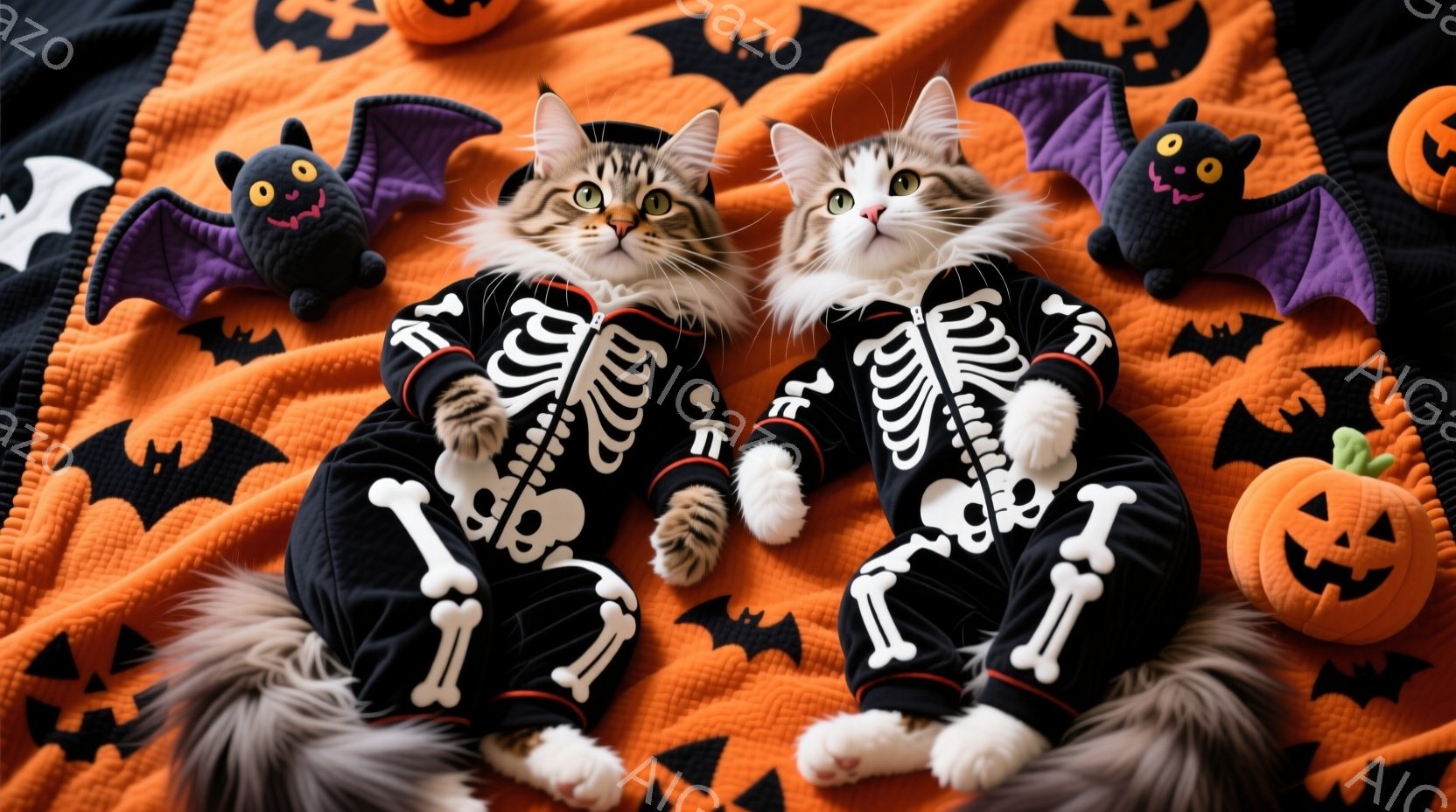 オレンジ色の背景に、骸骨模様の衣装を着た二匹の猫が並んで座っています。猫たちはどちらも茶色の縞模様で、白い胸と足を持っています。背景には、ハロウィーンを象徴する黒いコウモリとジャック・オー・ランタンが配置され、お祝いムードを演出しています。