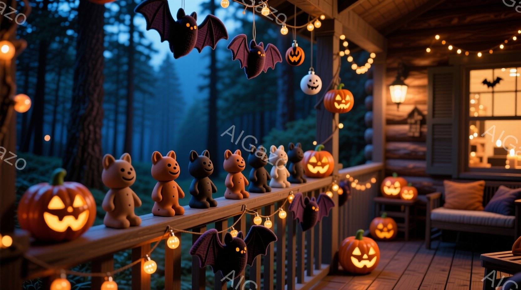 ハロウィンの装飾が施された木のベランダが映っています。かわいらしいクマの置物やジャック・オー・ランタン、コウモリの飾りなどが手すりに並べられ、温かい光が灯っています。背景には暗い森が広がり、少し不気味 - AI生成フリー素材