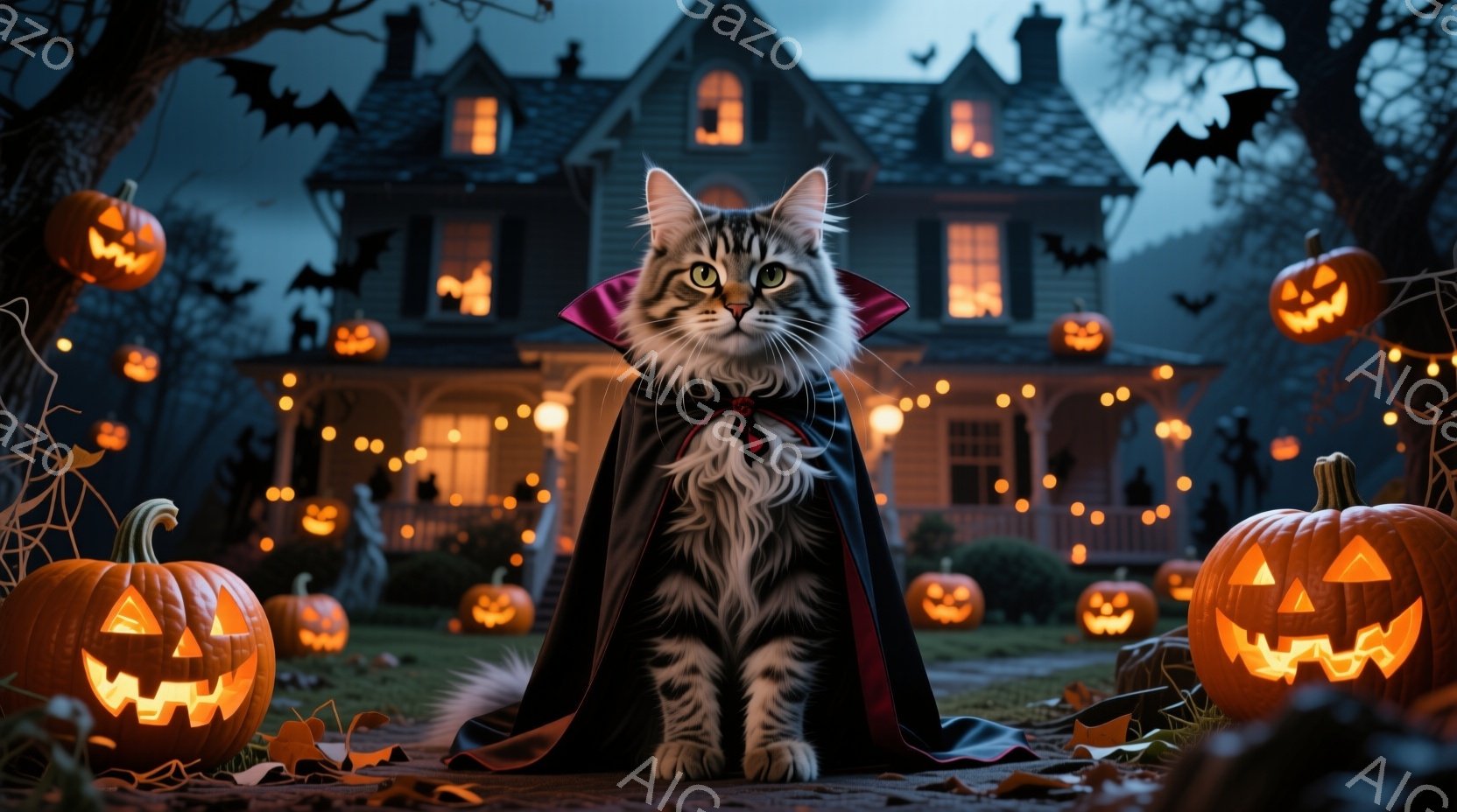 灰色の縞模様の猫が、黒いケープと赤い襟の付いたヴァンパイア風の衣装を着て、庭の小道に座っています。背景には、オレンジ色のジャック・オ・ランタンで飾られた、不気味な雰囲気の大きな家が見え、夜空にはコウモリが舞っています。全体的にハロウィーンの夜を思わせる、幻想的で少し不気味な雰囲気です。