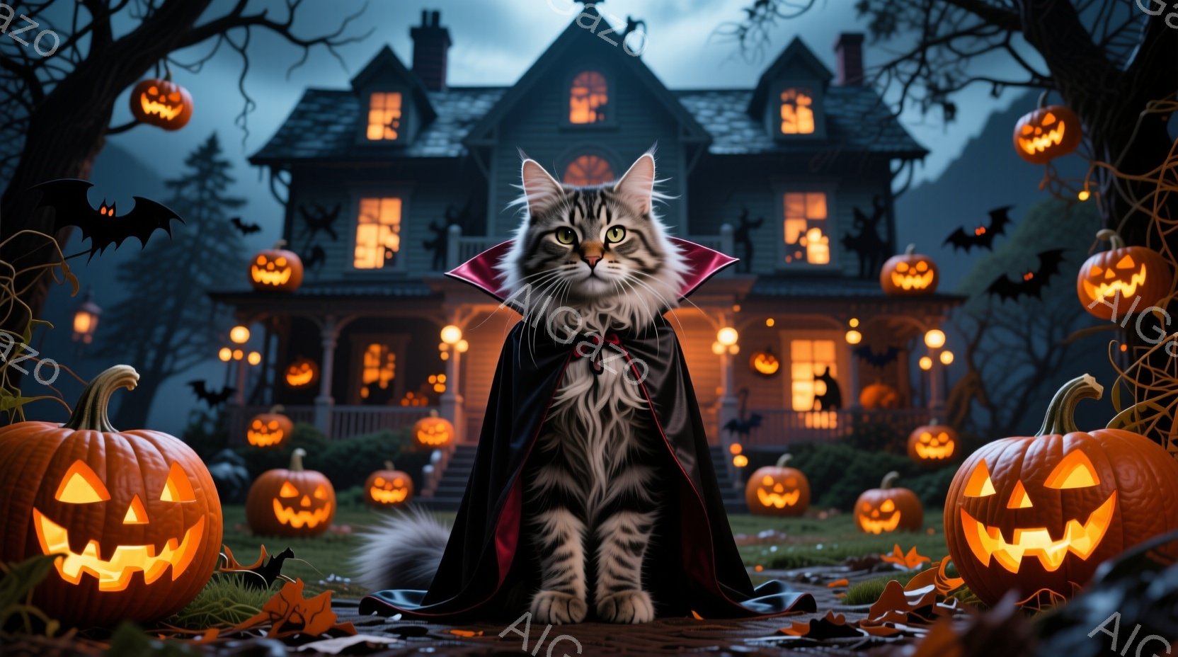 灰色の縞模様の猫が、赤い襟付きのマントを羽織り、ハロウィーンの夜に庭に座っています。背景には、ジャック・オ・ランタンが点在する薄暗い屋敷があり、夜空にはコウモリが舞っています。全体的に不気味でありながらも可愛らしい、ハロウィーンらしい雰囲気です。