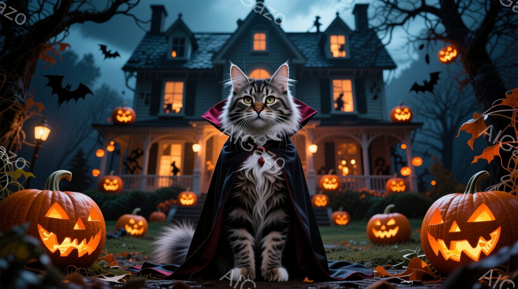 縞模様の猫が、赤い襟付きの黒いマントを羽織り、まるで吸血鬼のような姿で座っています。背景には、ハロウィーンの装飾が施された不気味な屋敷と、空を舞うコウモリ、そして庭に並んだジャック・オー・ランタンが広 - AI生成フリー素材