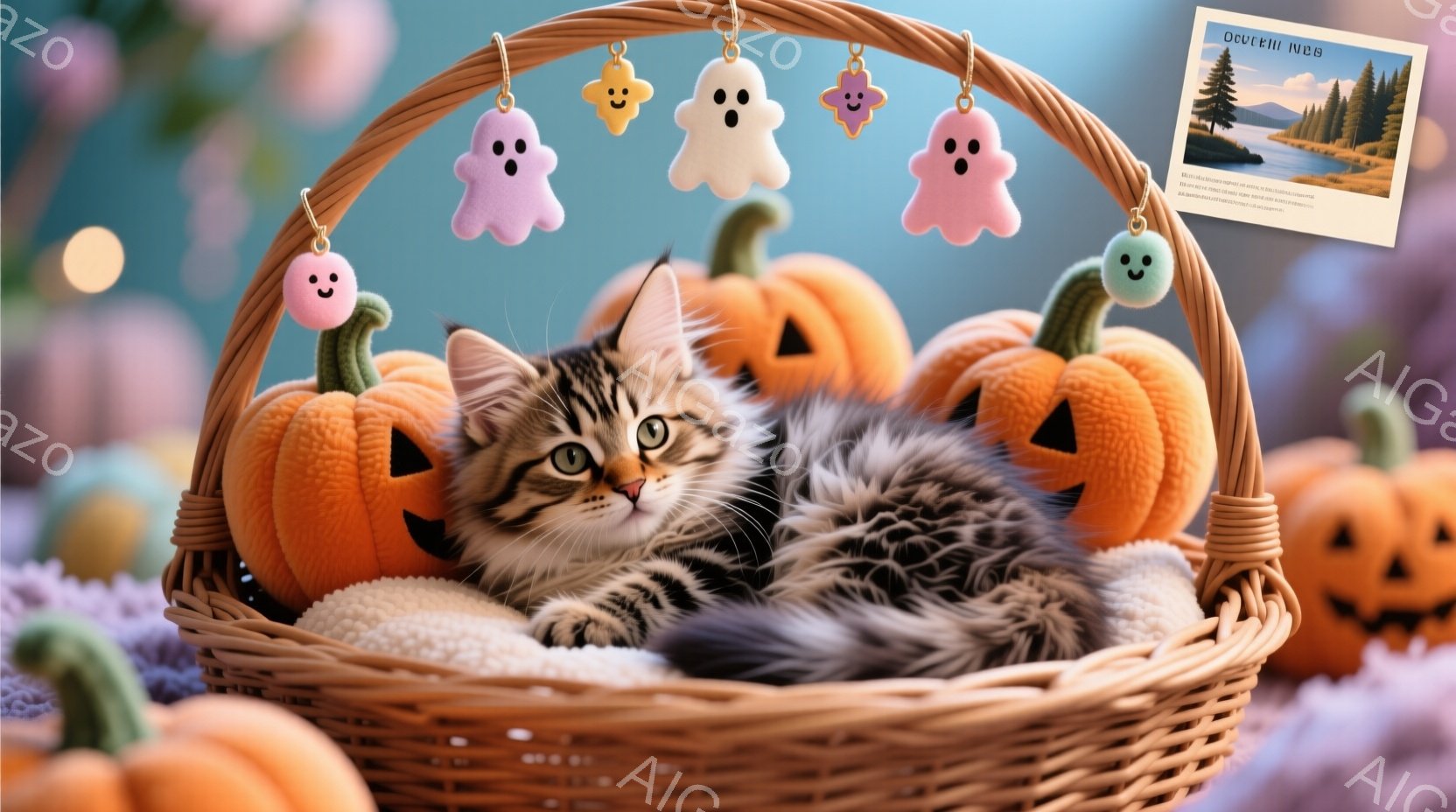 オレンジ色のハロウィーンのバスケットの中に、縞模様の小さな子猫が丸まって眠っています。背景には、カボチャのランタンと可愛らしいお化けの飾り付けが並び、全体的に温かく、お祝いの雰囲気です。柔らかい光が子 - AI生成フリー素材