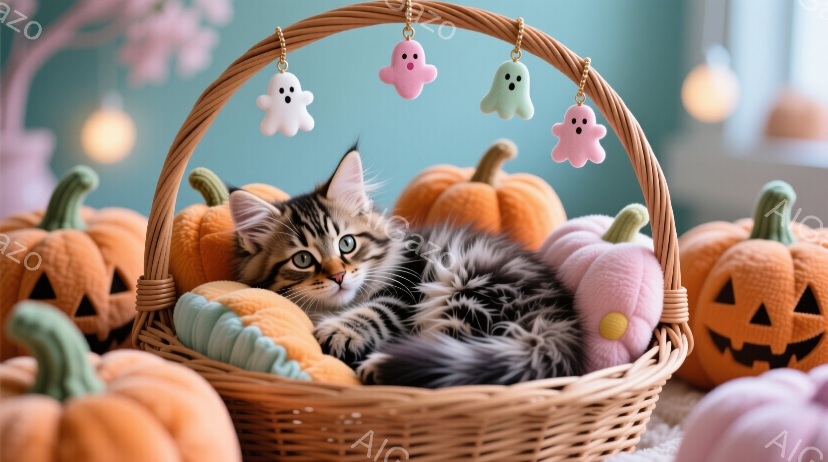 縞模様の小さな子猫が、ハロウィーンの飾りで満たされたバスケットの中に丸まって眠っています。バスケットの中にはオレンジ、水色、ピンク色のカボチャのぬいぐるみがあり、バスケットの周りにも様々な大きさのカボチャが散りばめられています。全体的に柔らかく、可愛らしい雰囲気で、ハロウィーンの温かい情景が表現されています。