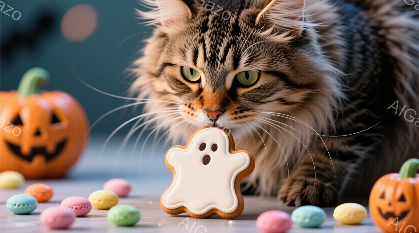 長毛の灰色の猫が、白いお化けのクッキーに鼻を近づけています。背景にはオレンジ色のジャック・オー・ランタンと、パステルカラーのキャンディーが散りばめられており、ハロウィーンの雰囲気が漂っています。猫は好 - AI生成フリー素材