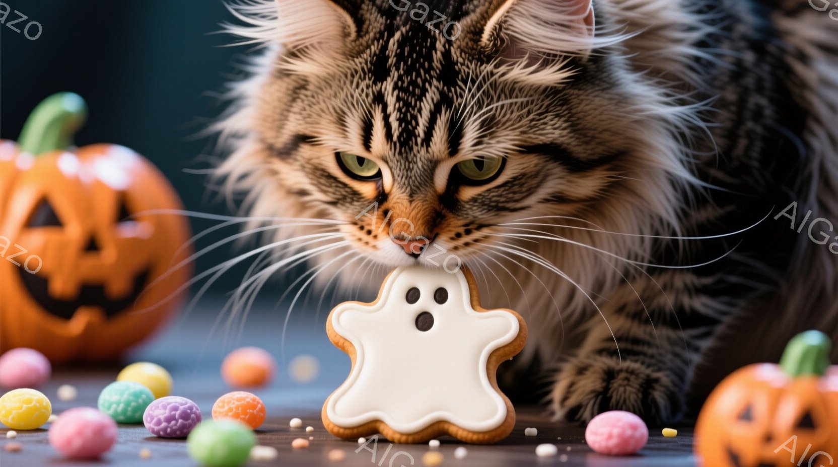 長毛の猫が、ハロウィーンをテーマにしたクッキー（お化けの形）に鼻を近づけています。背景には、ジャック・オー・ランタンとカラフルなキャンディが散りばめられており、秋の祝祭の雰囲気を醸し出しています。猫の - AI生成フリー素材