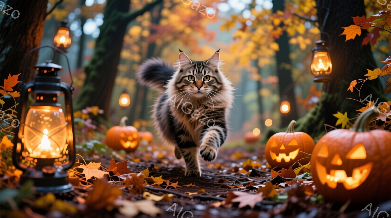 縞模様の大きな猫が、落ち葉が散らばる森の中をまっすぐカメラに向かって歩いてくる。背景にはハロウィーンの飾りであるジャック・オー・ランタンと灯りが灯ったランタンが置かれ、秋の暖かい光が木々の間から差し込 - AI生成フリー素材