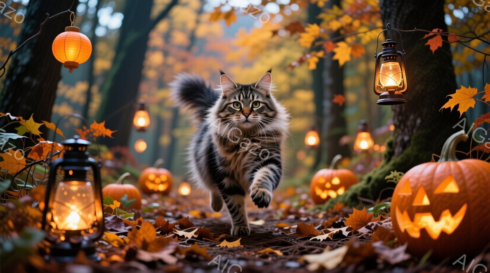 長毛の縞模様の猫が、落ち葉が敷き詰められた森の中を駆け抜けている。周囲には、明るく光るハロウィーンカボチャや提灯が並び、秋の森の幻想的な雰囲気を演出している。背景には木々が立ち並び、暖かく柔らかな光が - AI生成フリー素材