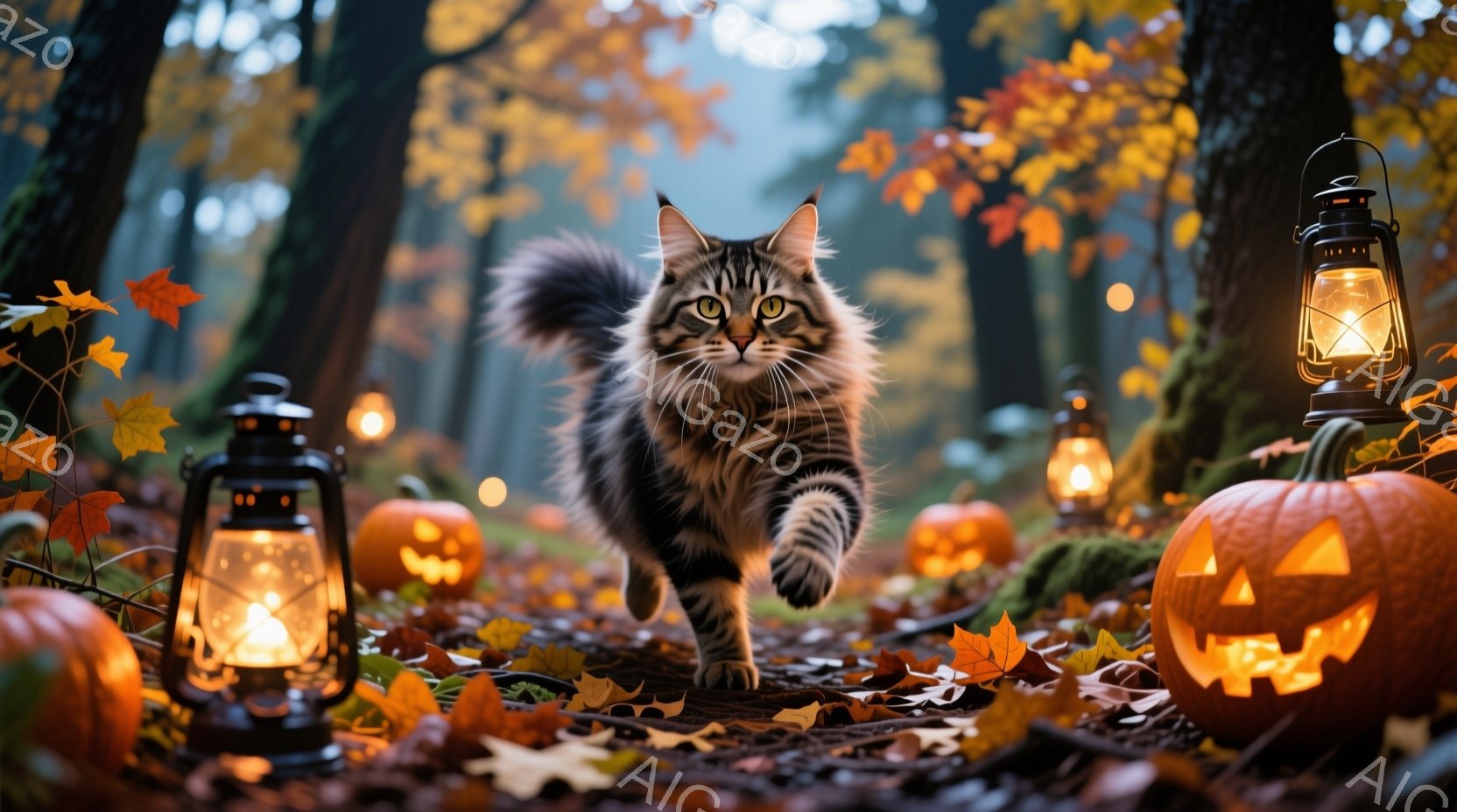 長毛の縞模様の猫が、ハロウィーンの飾り付けがされた森の中を力強く駆けている。周囲にはジャック・オー・ランタンと点灯したランタンが散らばり、地面は落ち葉で覆われている。全体的に幻想的で、暖かく、ハロウィーンの雰囲気を感じさせる。
