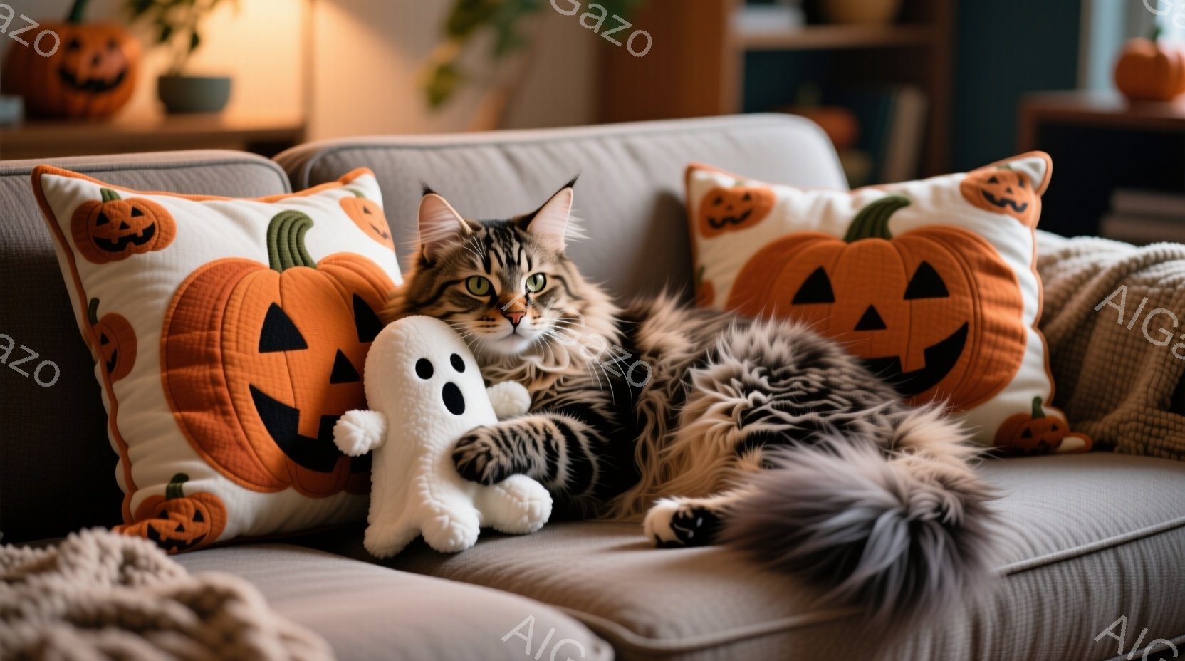長毛の縞模様の猫が、ハロウィーンをテーマにしたカボチャ柄のクッションに挟まってくつろいでいる。猫はリラックスした表情で、白いお化けのぬいぐるみと寄り添っている。背景には、ハロウィーンの飾りやその他のク - AI生成フリー素材