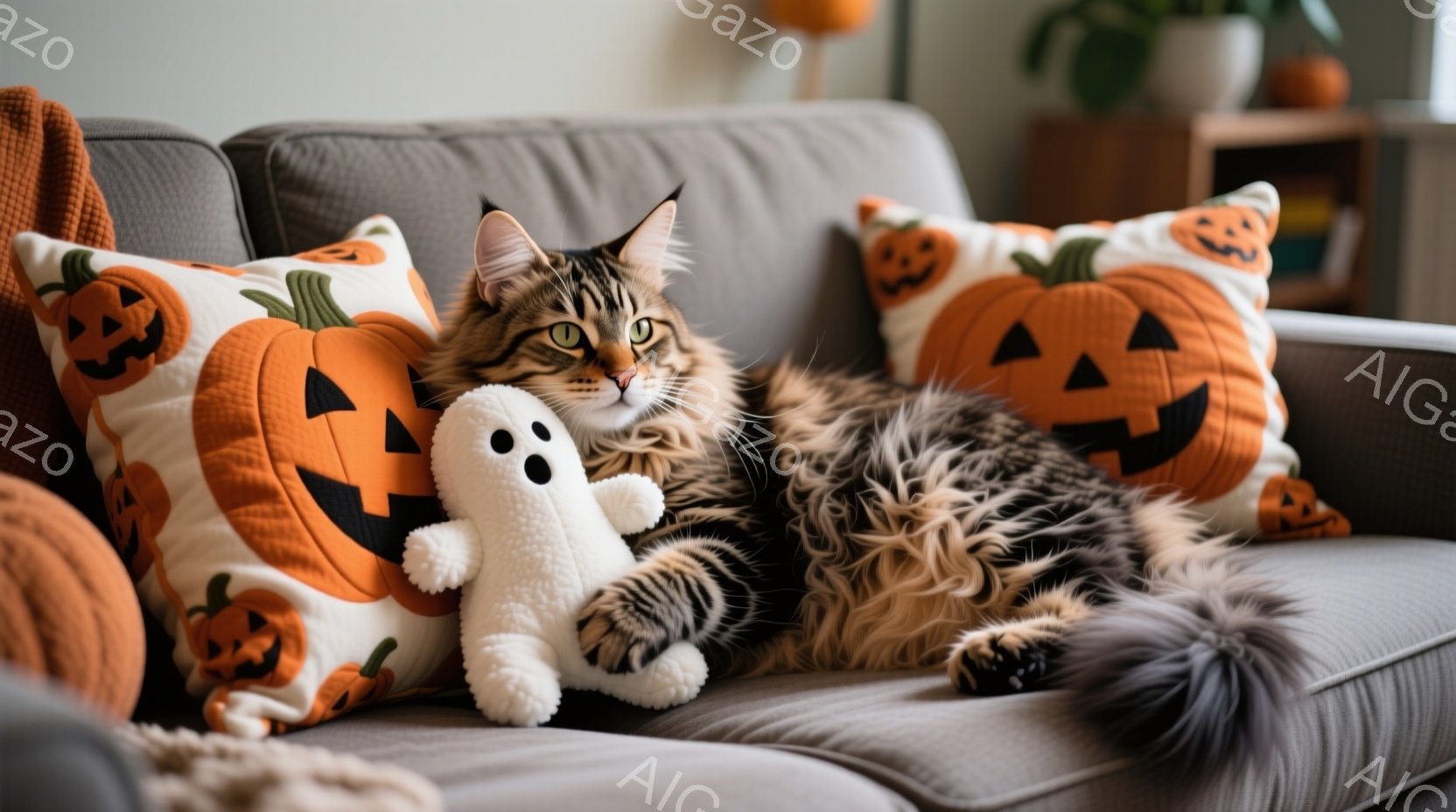 長毛の茶トラ猫が、ハロウィーンをテーマにしたカボチャ柄のクッションに囲まれたグレーのソファでくつろいでいる。猫は少し顔を上げて何かを見つめており、白い小さな幽霊のぬいぐるみが隣に置かれている。背景には - AI生成フリー素材