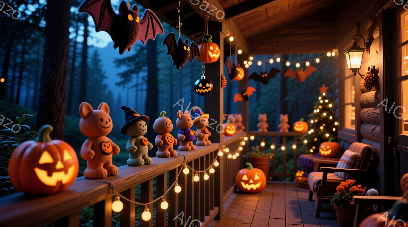 屋根付きのベランダには、ハロウィーンの装飾が施されたカボチャや可愛らしい幽霊の置物が整然と並んでいます。背景には暗い森が広がり、夜空にはぼんやりとした月が光り、全体的に温かく幻想的なハロウィーンの雰囲 - AI生成フリー素材