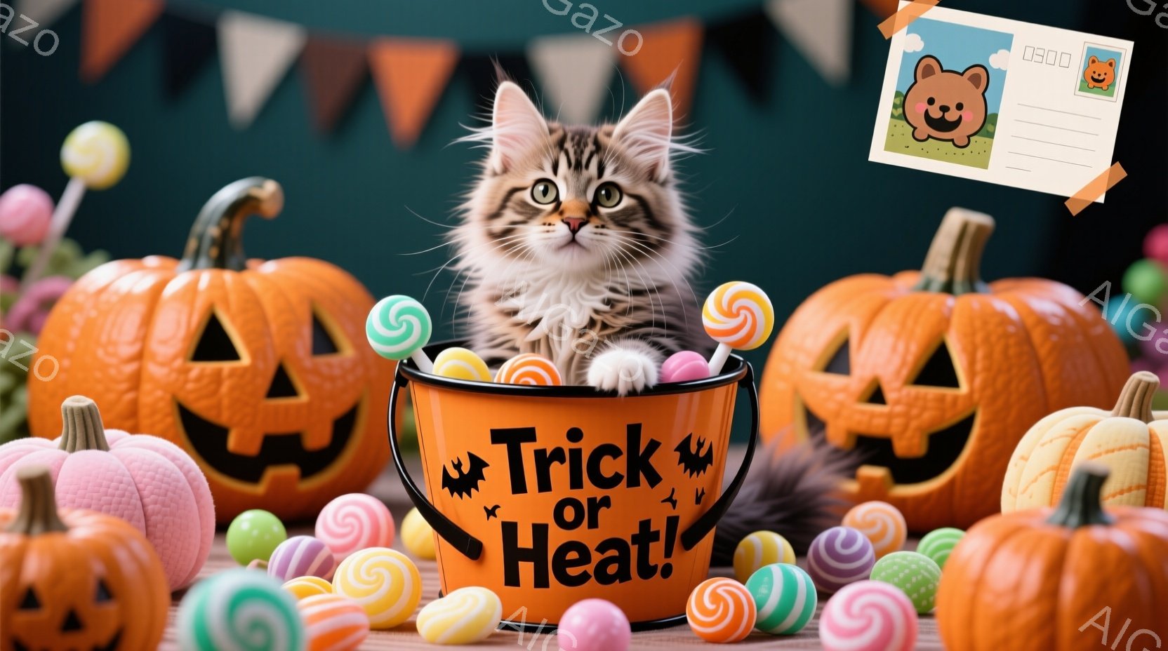 オレンジ色の背景に、くり抜かれたジャック・オー・ランタンとカラフルなキャンディが散りばめられています。その中央には、「Trick or Heat!」と書かれたバケツの中に、縞模様の小さな子猫が座ってお - AI生成フリー素材