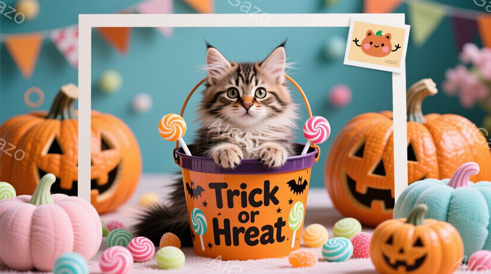 小さな縞模様の子猫が、ハロウィンの「トリック・オア・トリート」と書かれた紫色のバケツの中に座っています。バケツの周りには、オレンジ色のキャンディー、カラフルなロリポップ、そして可愛らしいジャック・オ・ランタンの形のカボチャが置かれています。背景には、色とりどりの旗が飾られ、ハロウィンの楽しい雰囲気が漂っています。