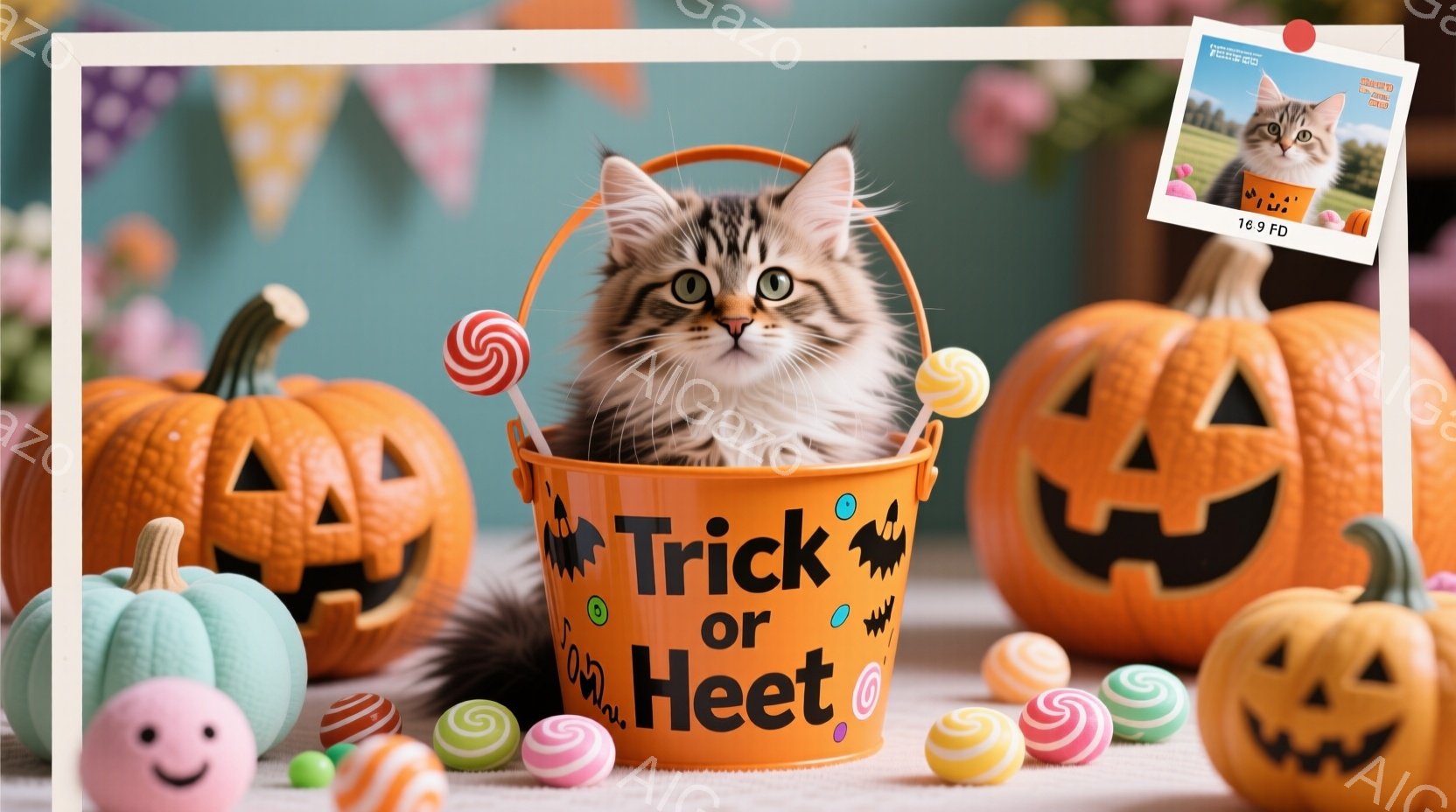 オレンジ色の背景に、ハロウィーンの飾り付けが散りばめられています。茶色の縞模様の小さな猫が、「Trick or Treat」と書かれたオレンジ色のバケツの中に座り、丸い目でカメラを見ています。背景には - AI生成フリー素材