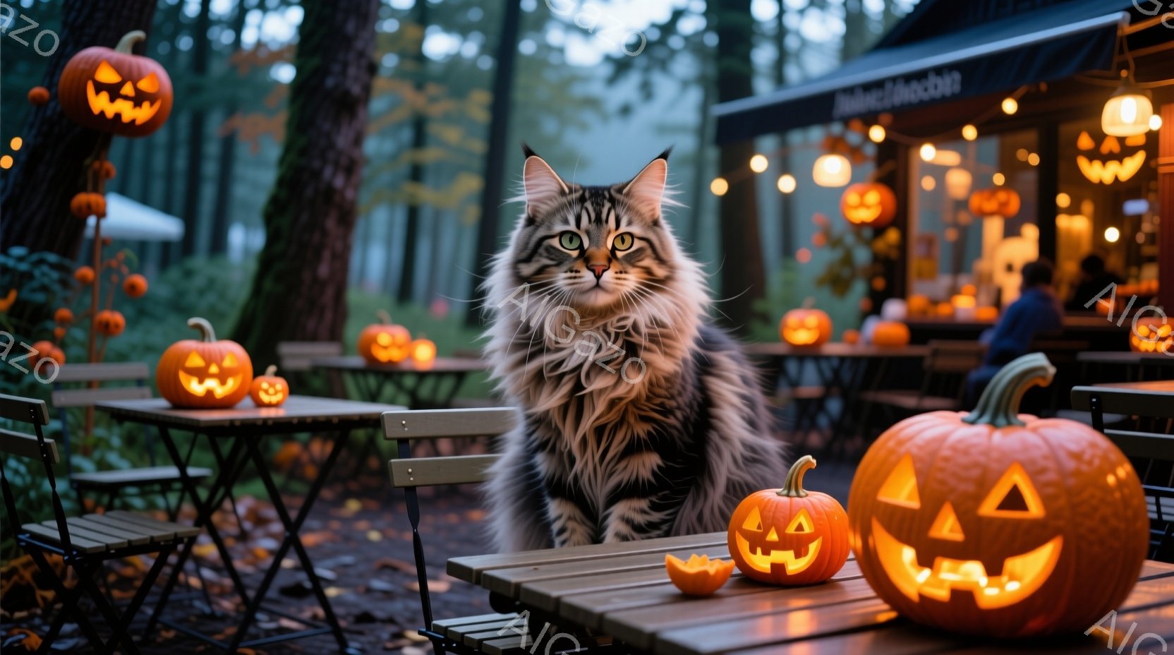 長毛の縞模様の猫が、ハロウィーンの装飾で飾られた屋外カフェのテーブルに座っています。背景には、彫刻が施されたジャック・オ・ランタンが並び、薄暗い光の中で不気味な雰囲気を醸し出しています。建物は木々に囲 - AI生成フリー素材