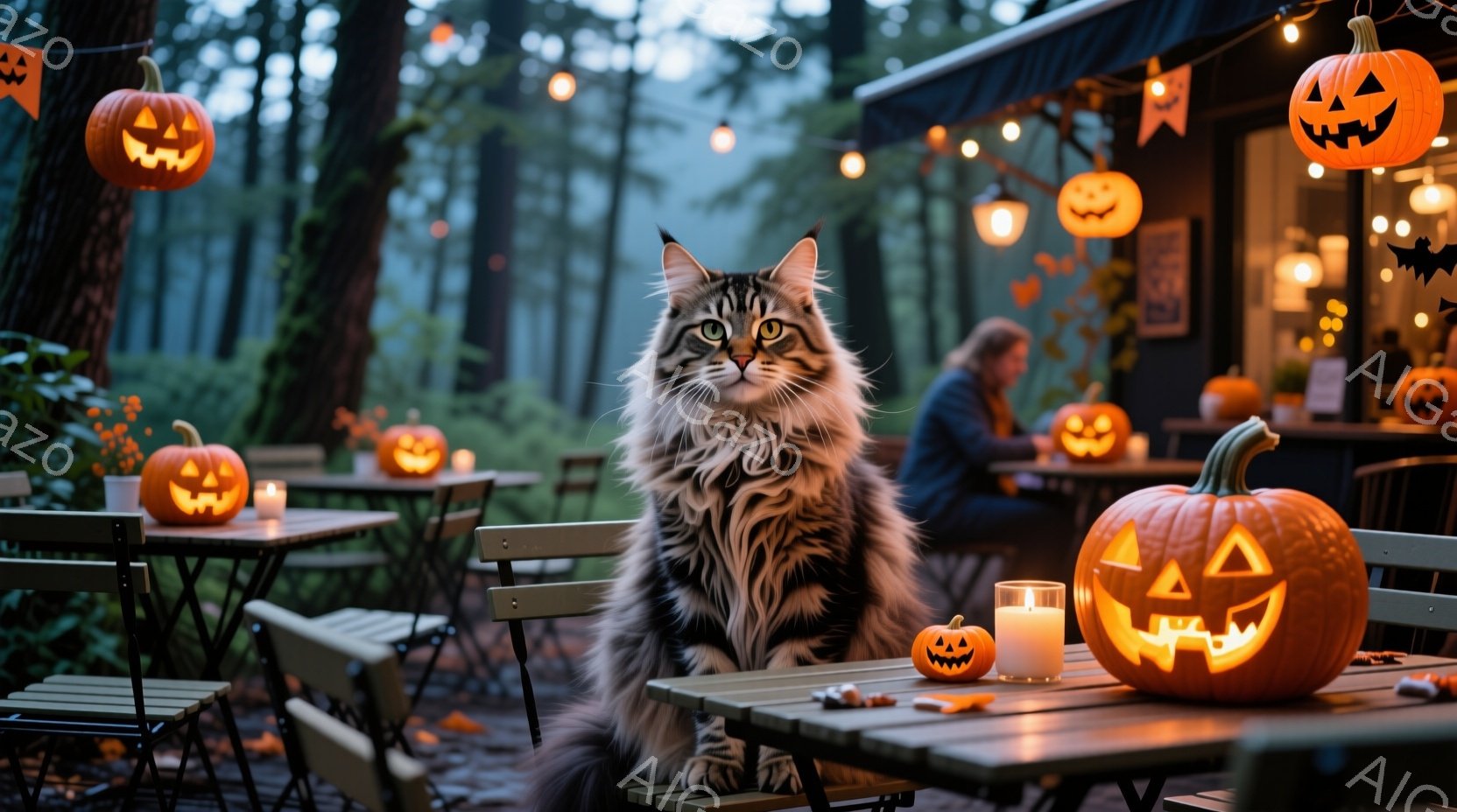 長毛の猫が、ハロウィーンの装飾が施された屋外カフェのテーブルに座ってこちらを見ています。周囲には、さまざまな大きさのジャック・オー・ランタンや、ハロウィーンのお菓子が置かれたテーブルが並び、背景にはぼ - AI生成フリー素材